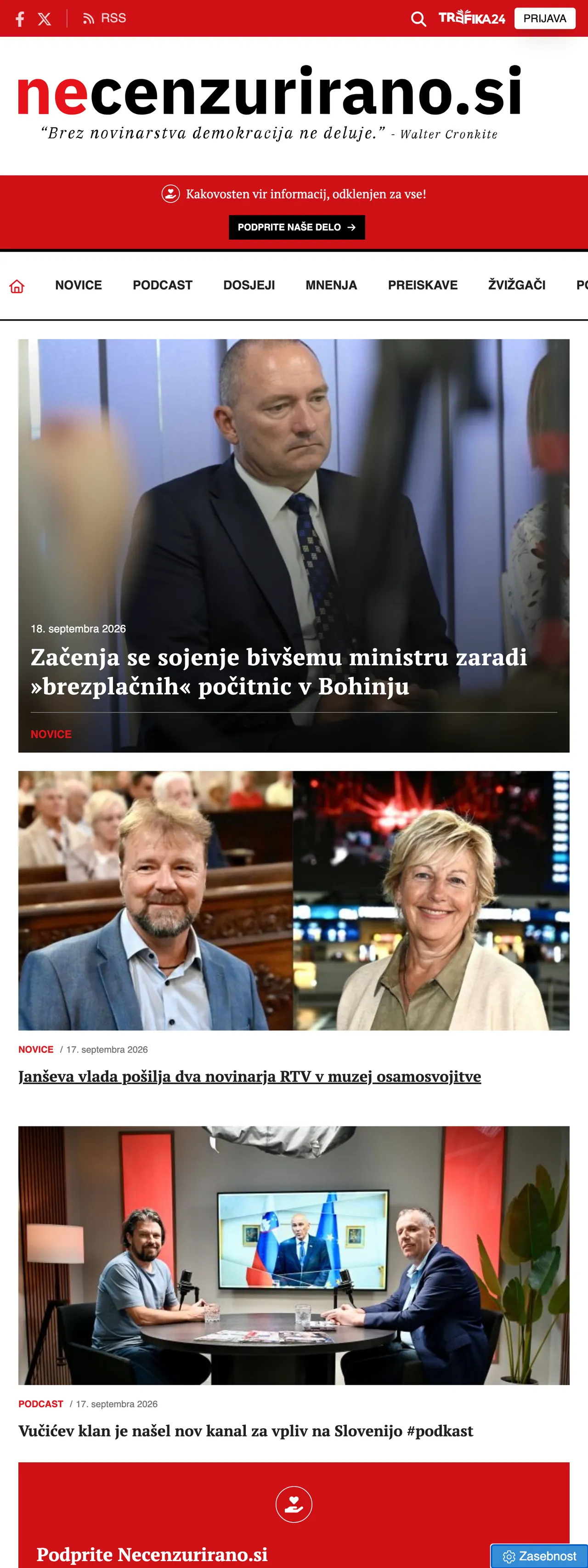Screenshot of the Necenzurirano front page