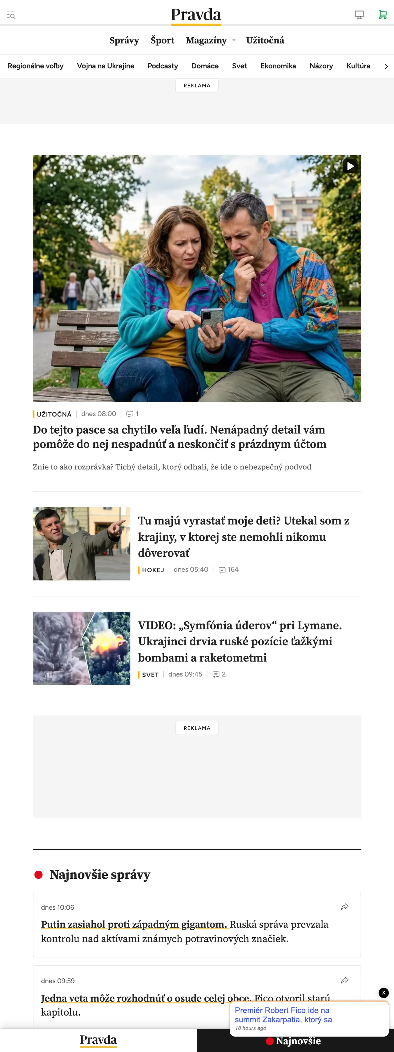 Screenshot of the Pravda front page