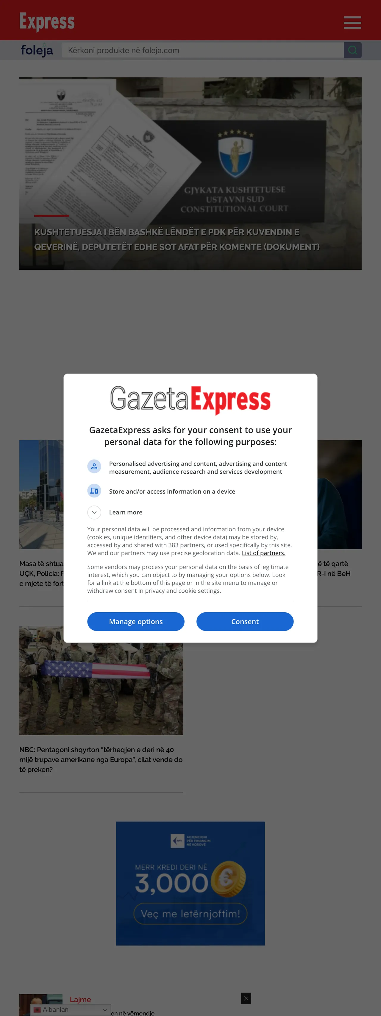 Screenshot of the Gazeta Express front page