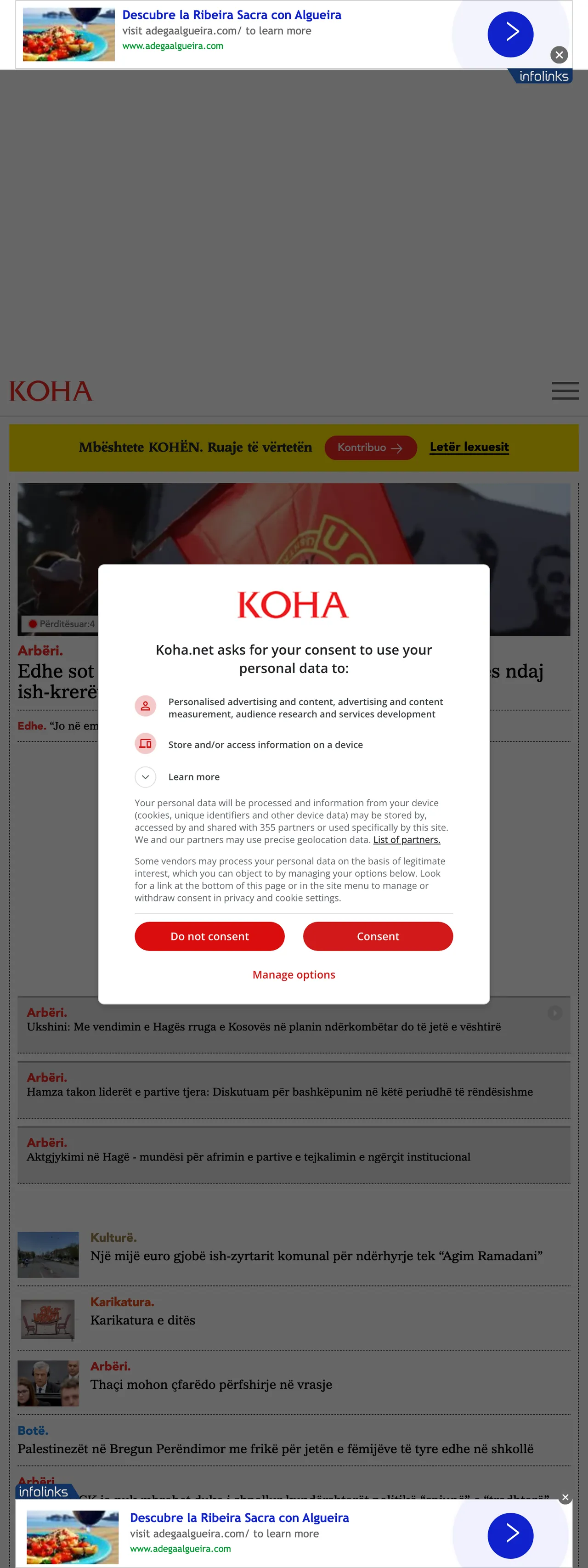 Screenshot of the Koha Ditore front page
