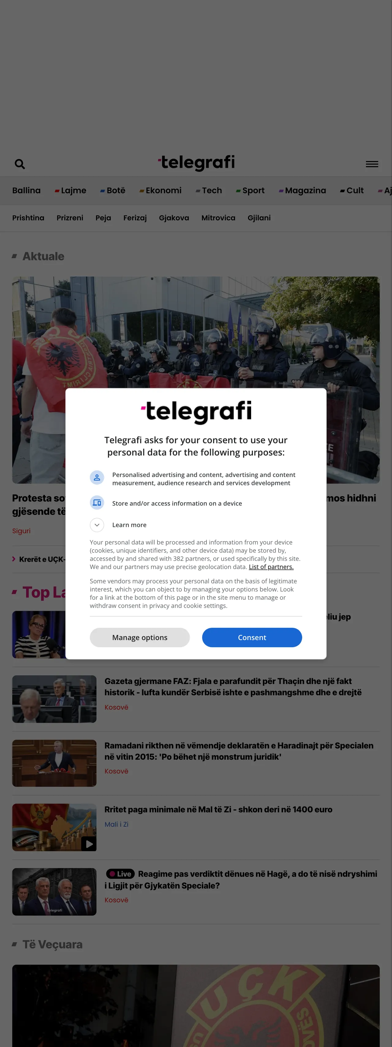 Screenshot of the Telegrafi front page