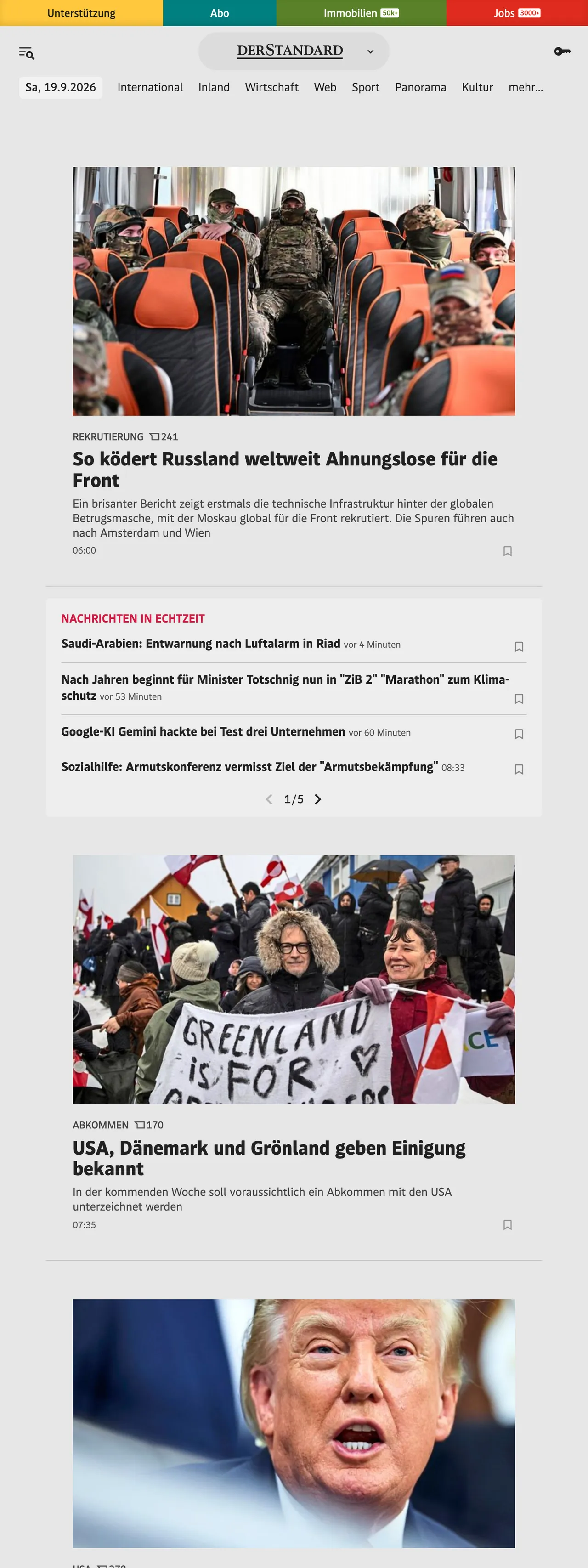 Screenshot of the DER STANDARD front page