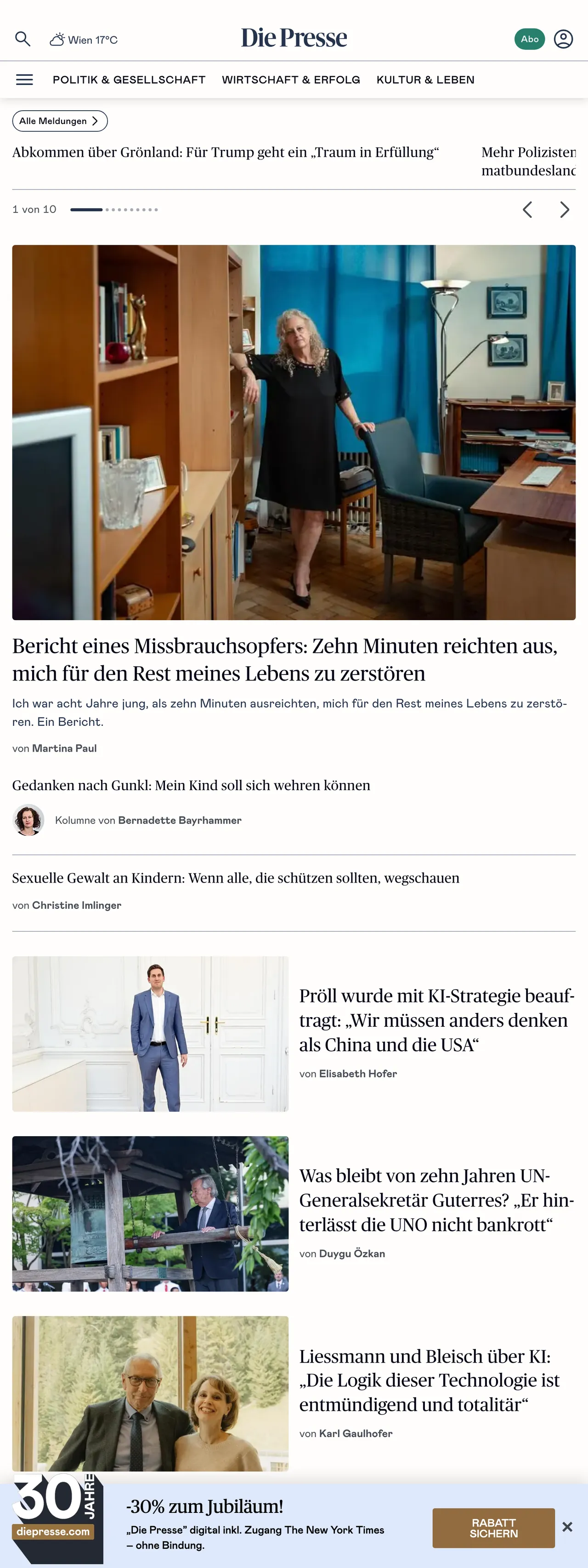 Screenshot of the Die Presse front page