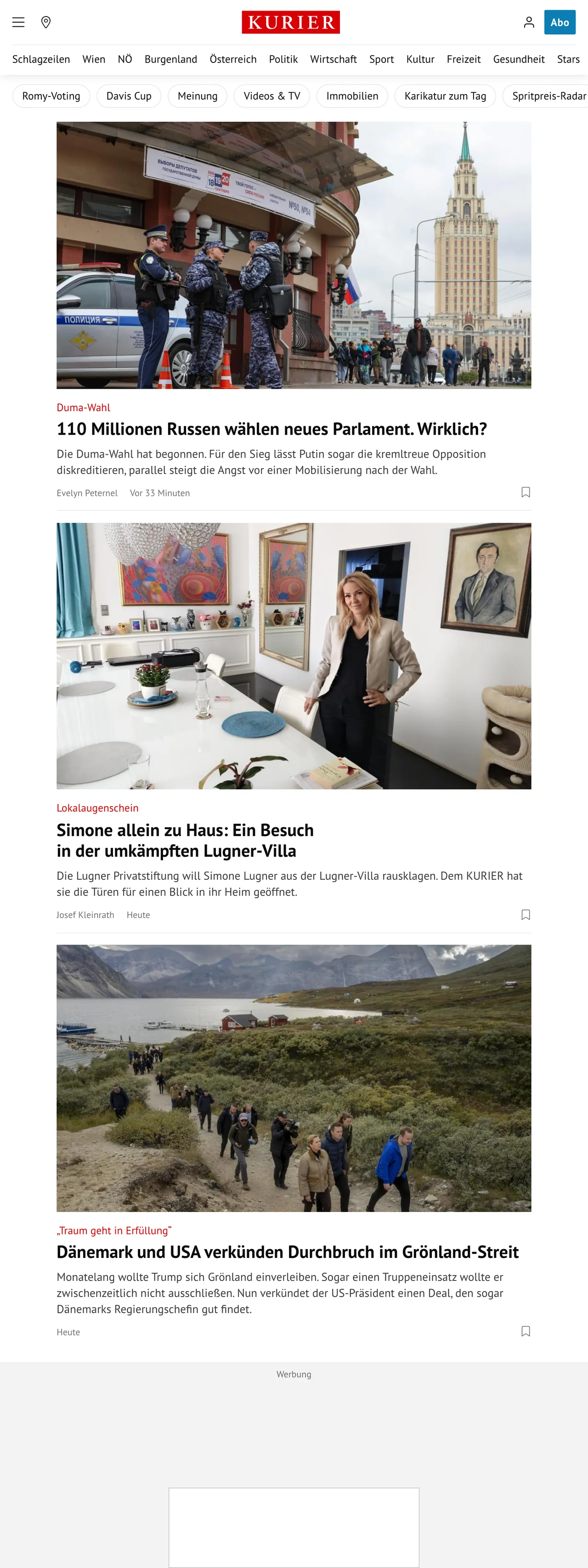 Screenshot of the Kurier front page