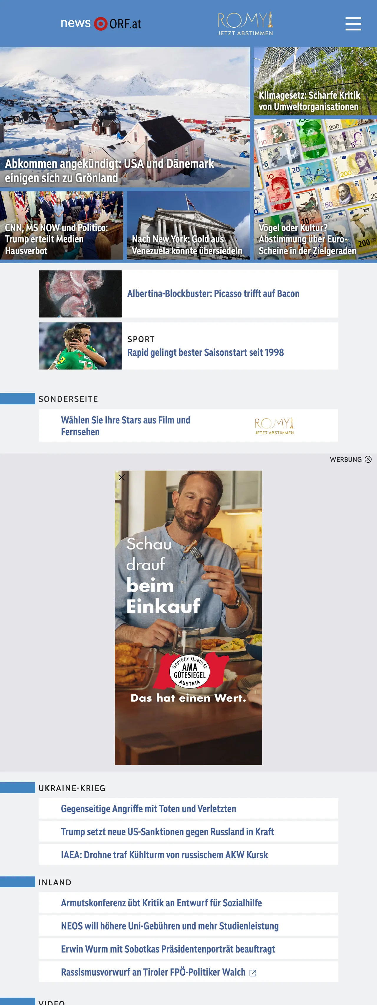 Screenshot of the ORF front page