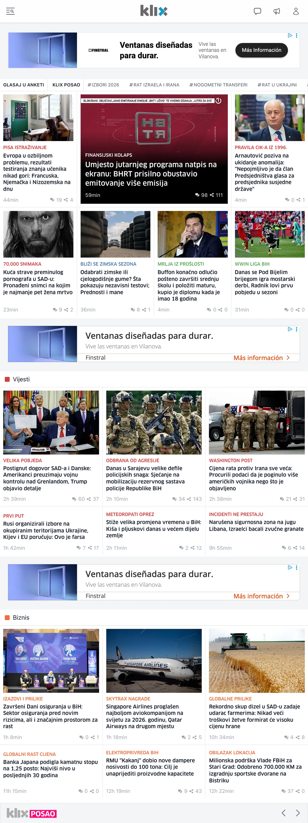 Screenshot of the Klix.ba front page