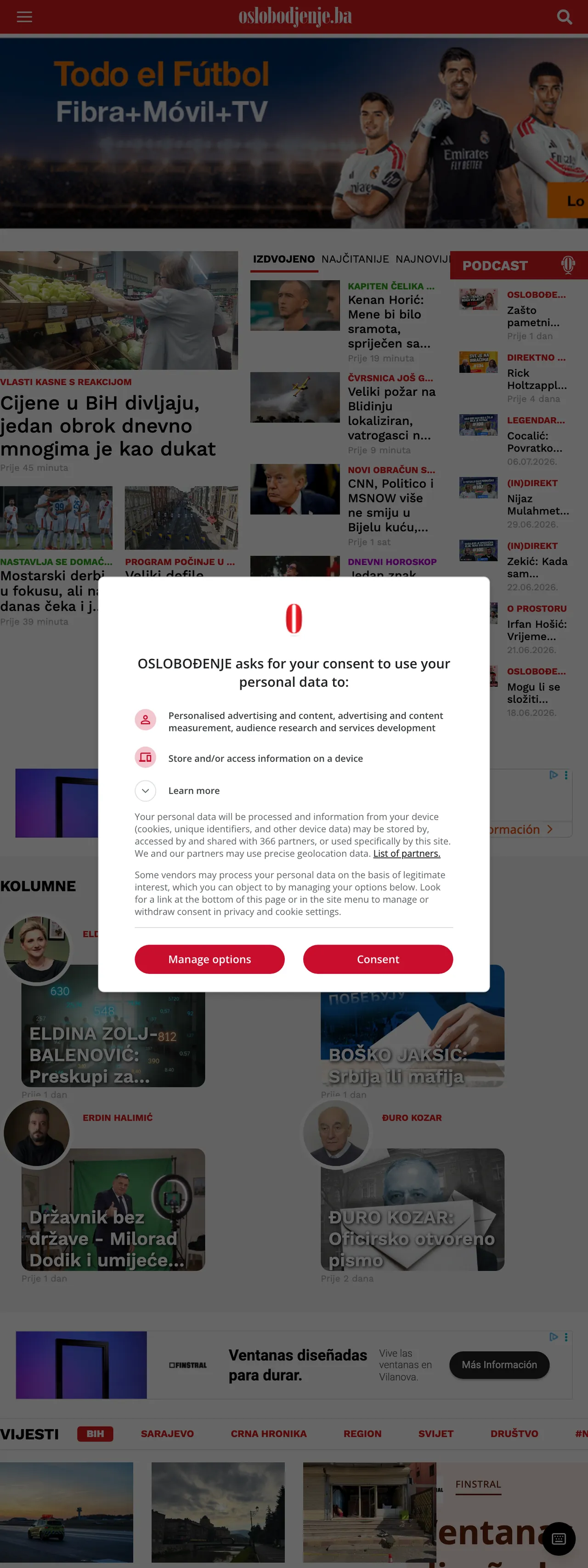 Screenshot of the Oslobođenje front page