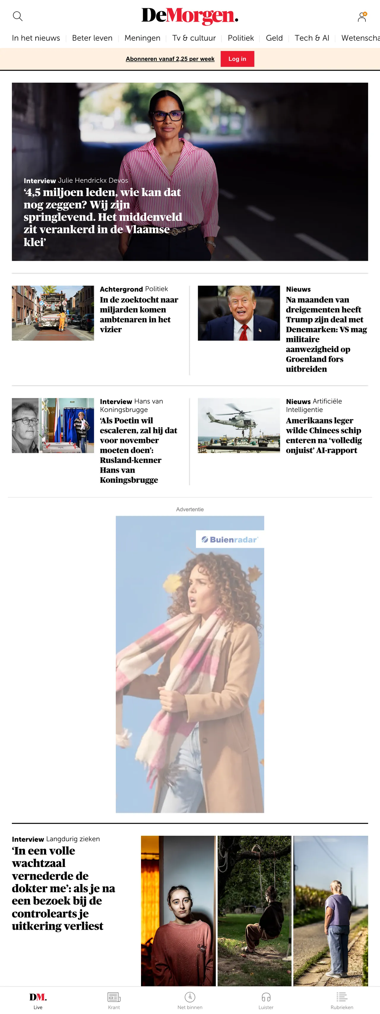 Screenshot of the De Morgen front page
