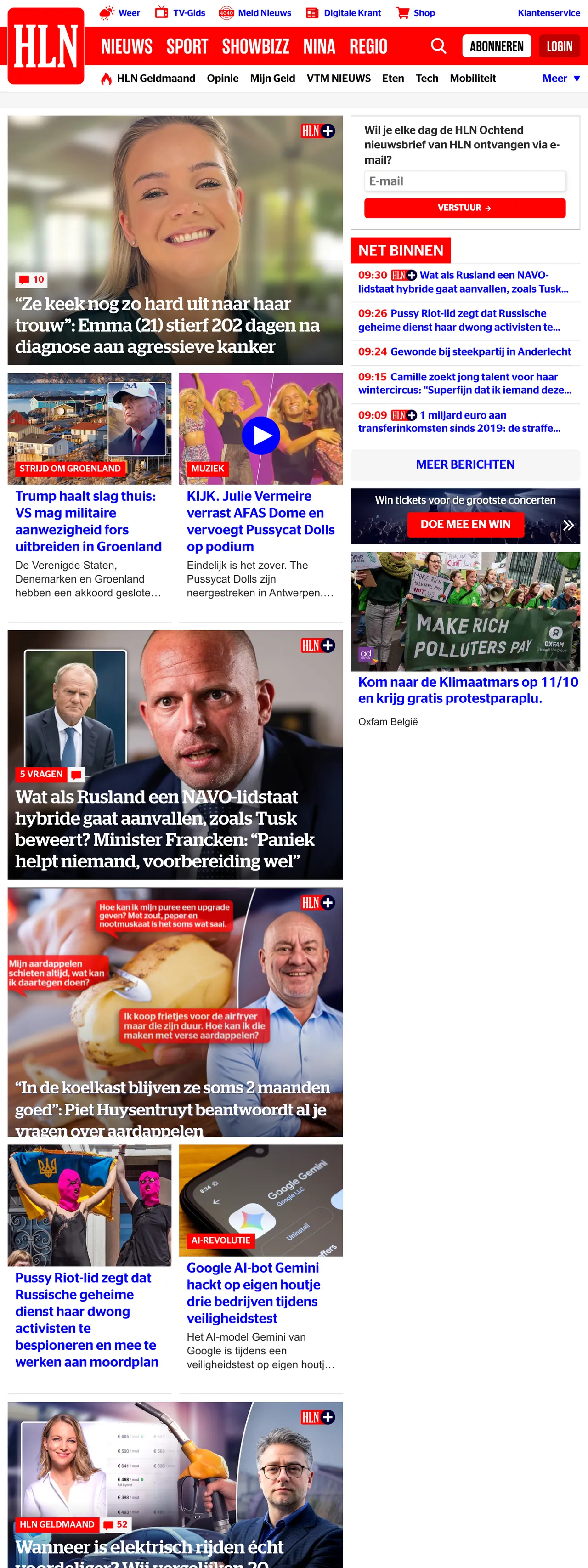 Screenshot of the HLN front page