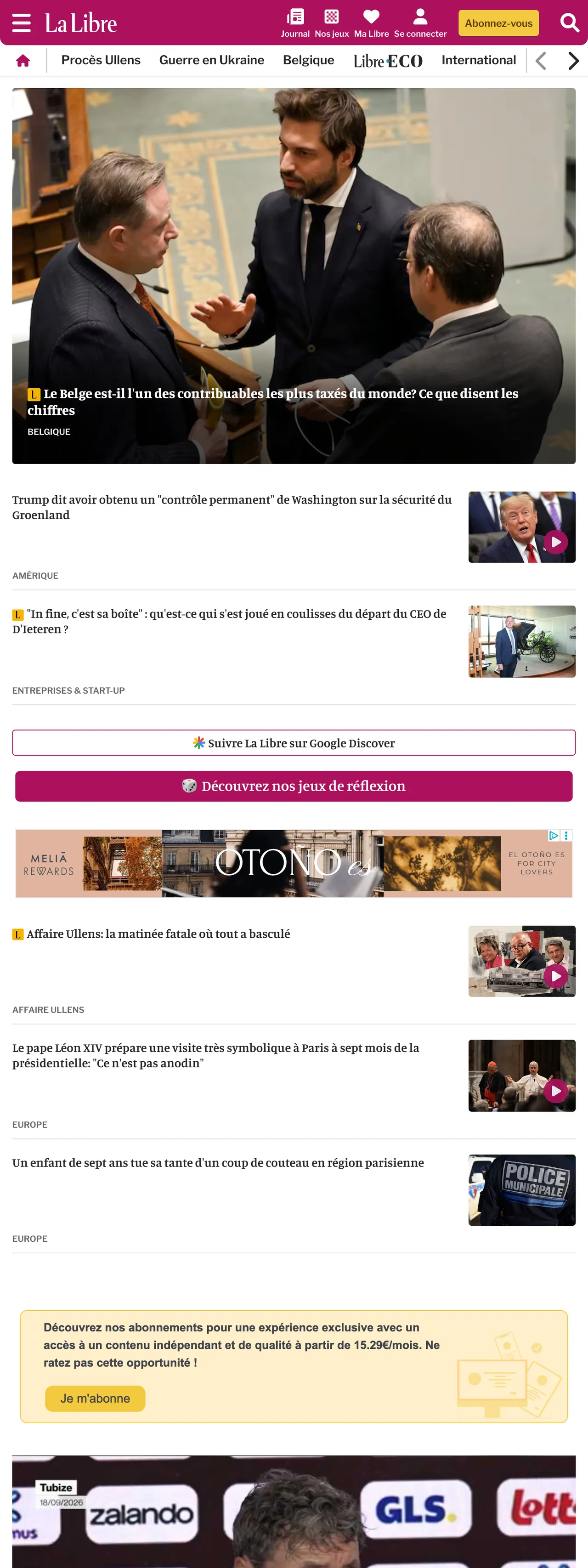 Screenshot of the La Libre front page
