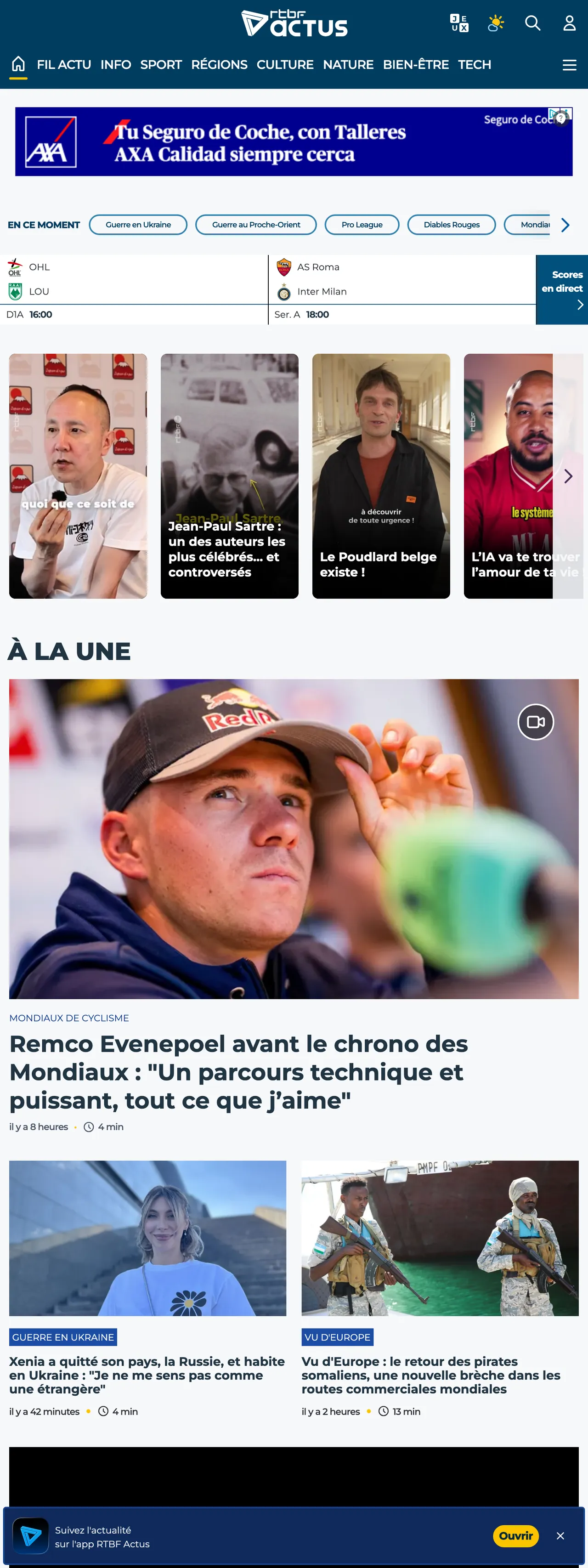 Screenshot of the RTBF front page