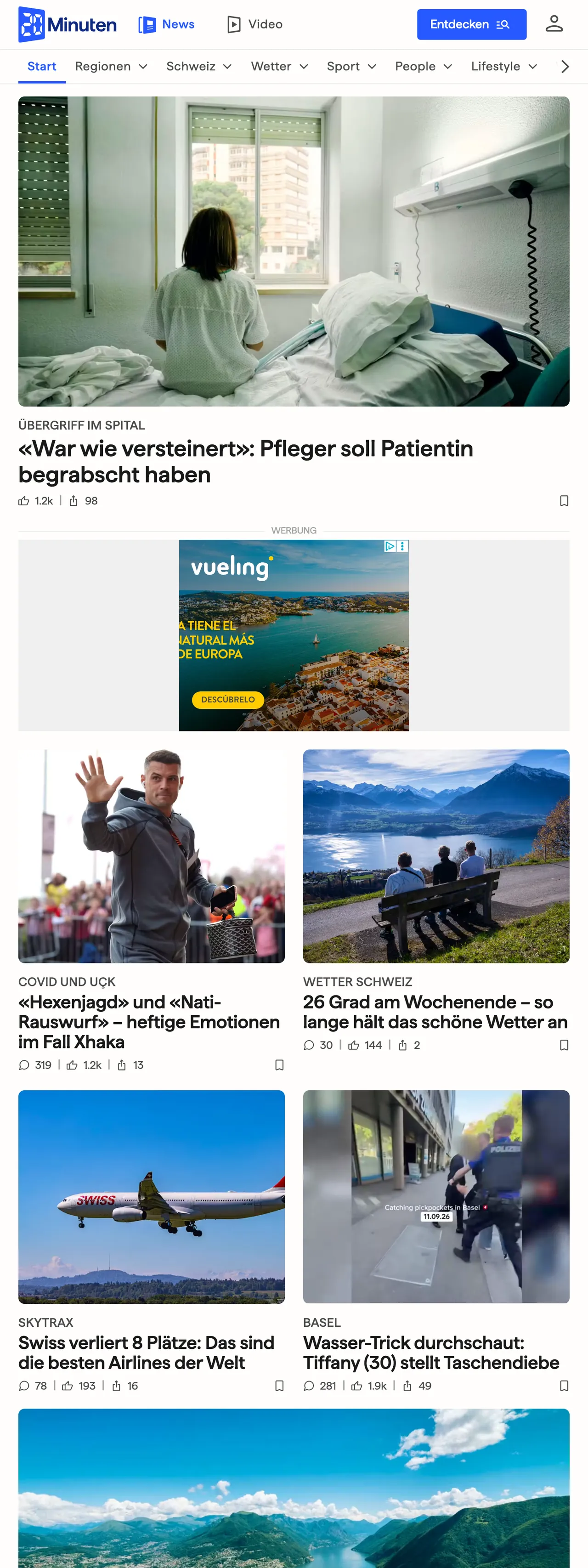 Screenshot of the 20 Minuten front page