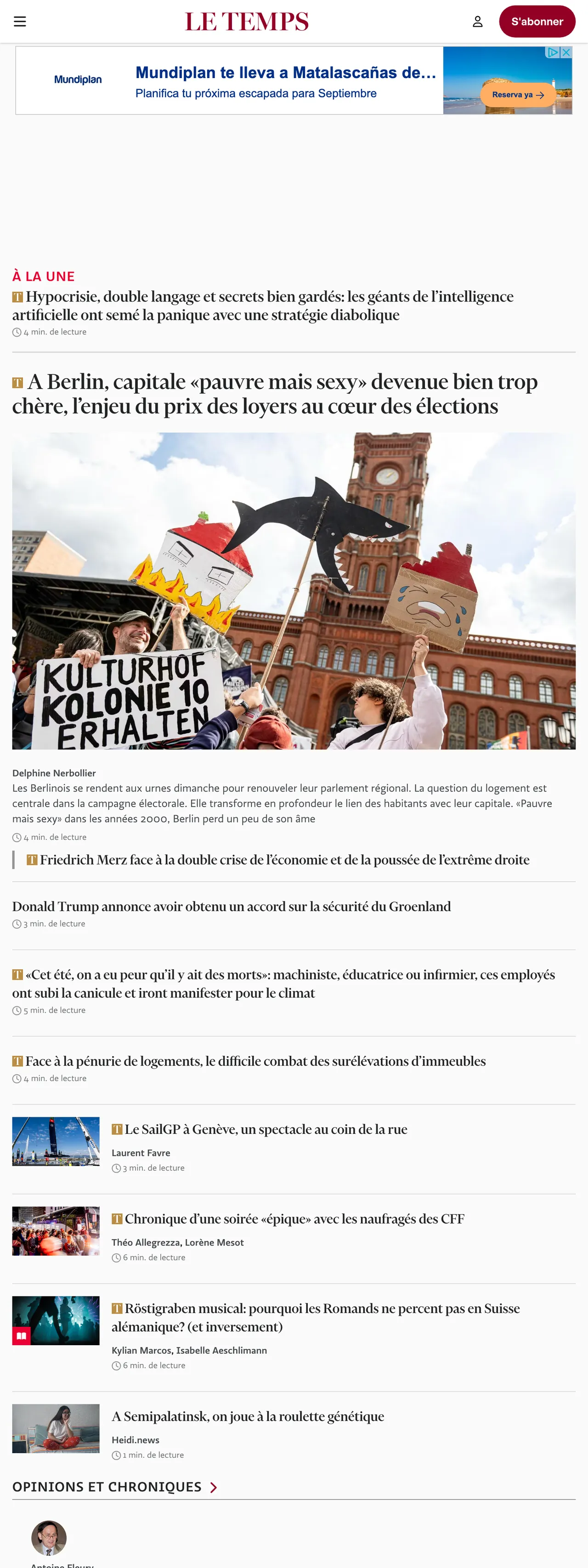 Screenshot of the Le Temps front page