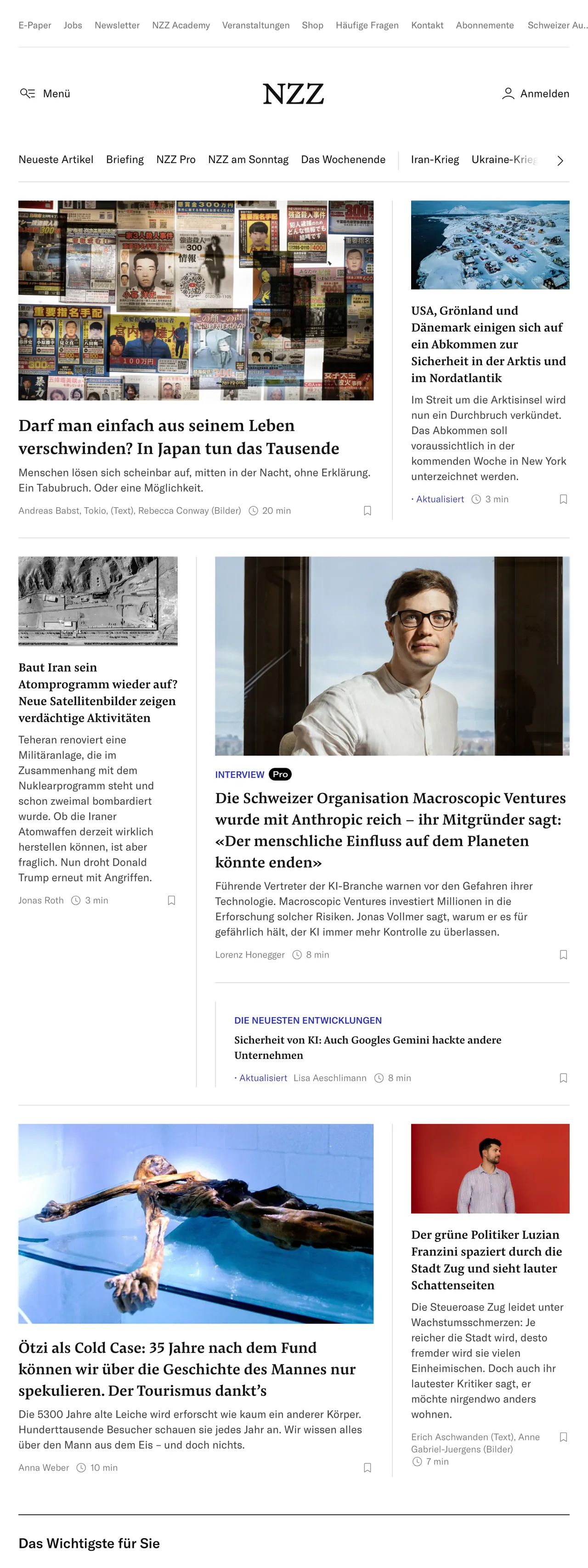 Screenshot of the Neue Zürcher Zeitung front page