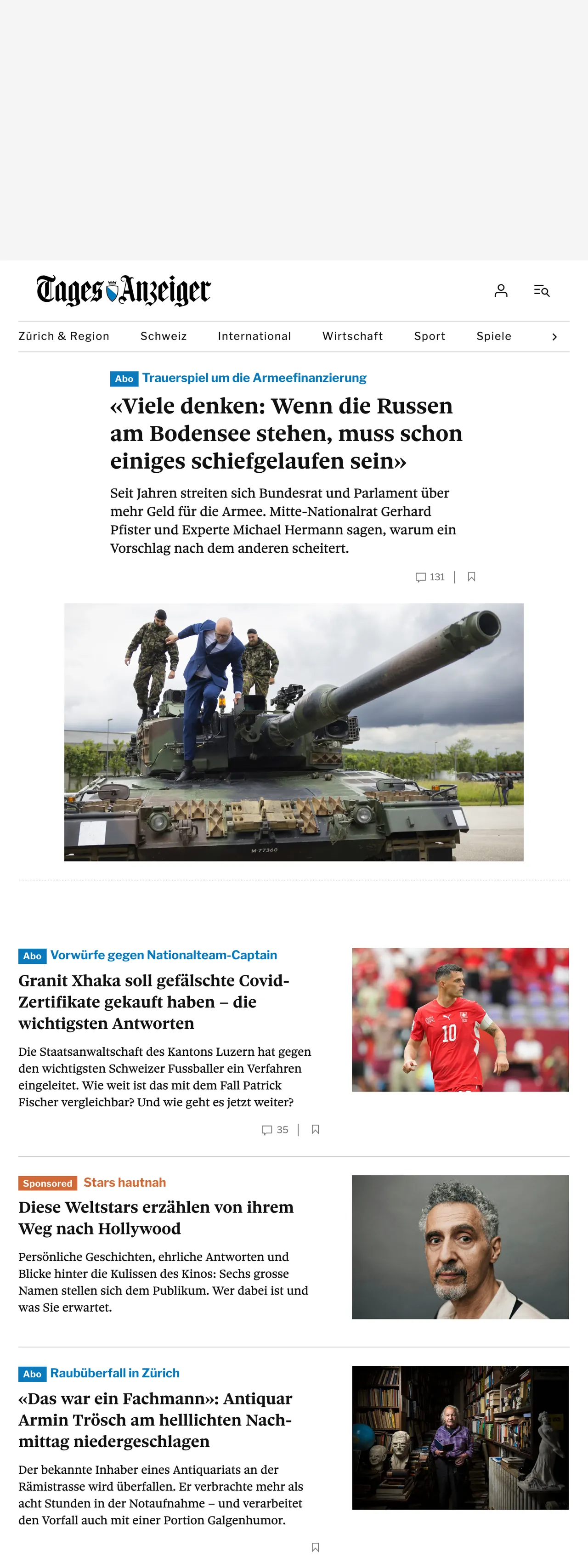 Screenshot of the Tages-Anzeiger front page