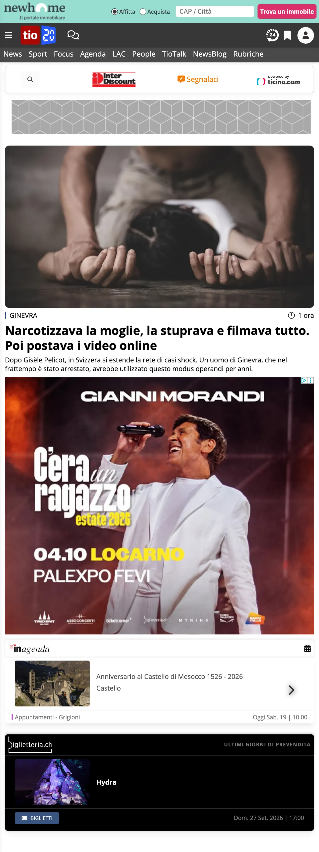 Screenshot of the Ticinonline front page