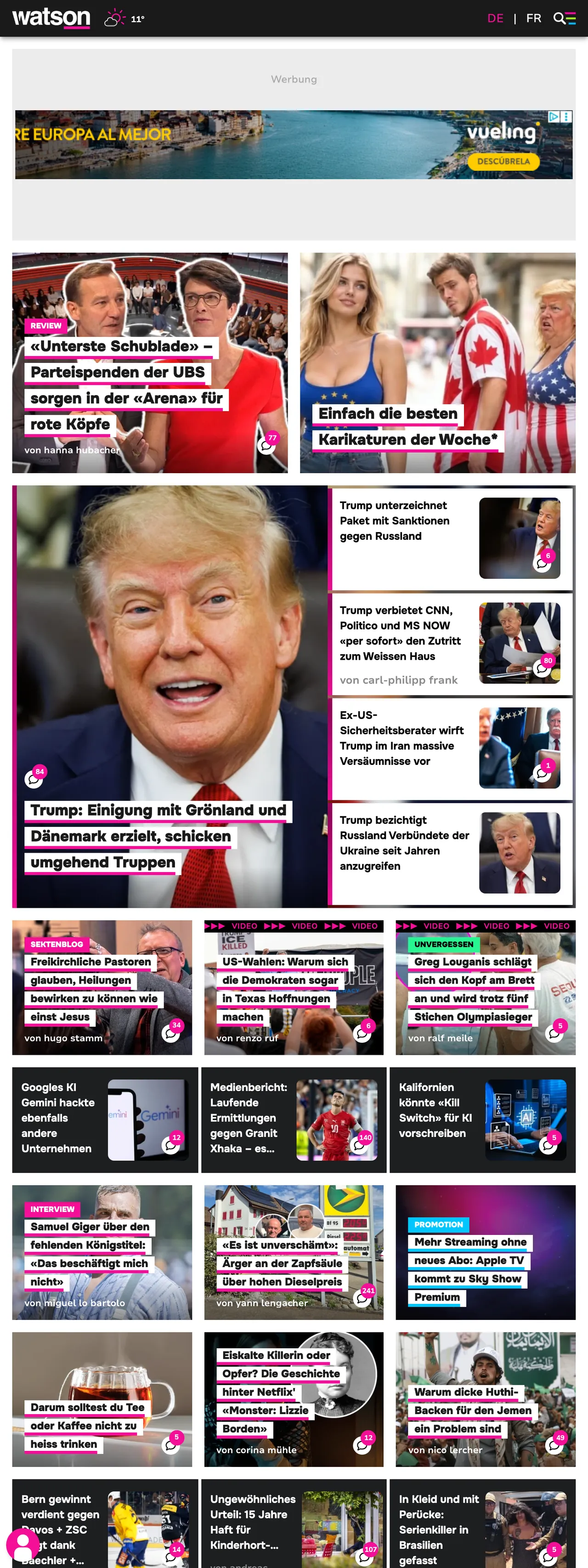 Screenshot of the watson front page