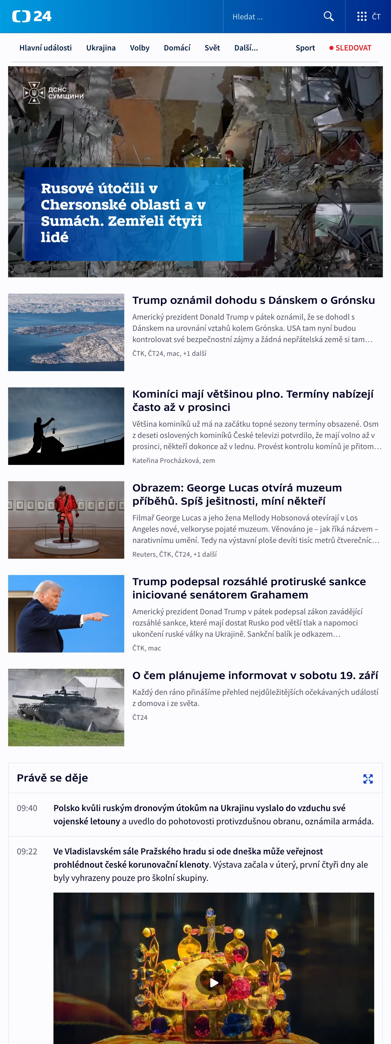 Screenshot of the ČT24 front page