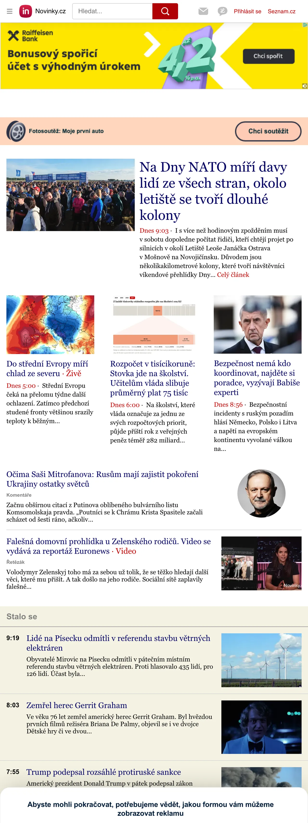 Screenshot of the Novinky.cz front page