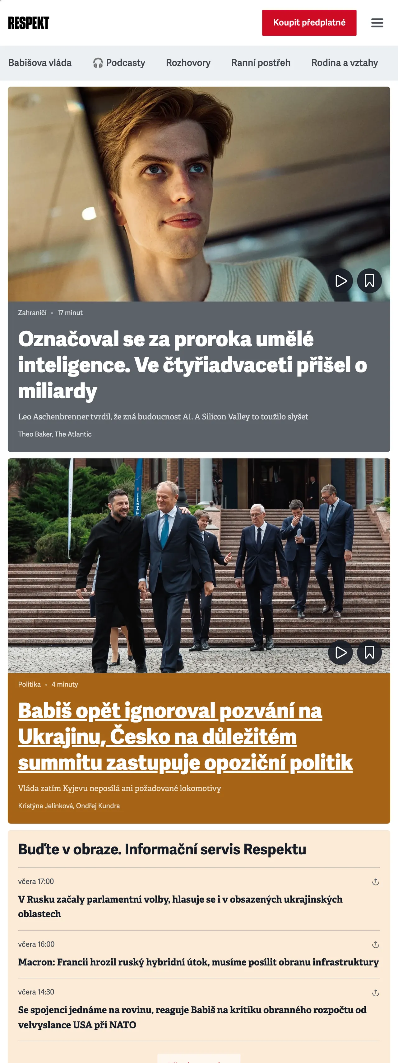 Screenshot of the Respekt front page