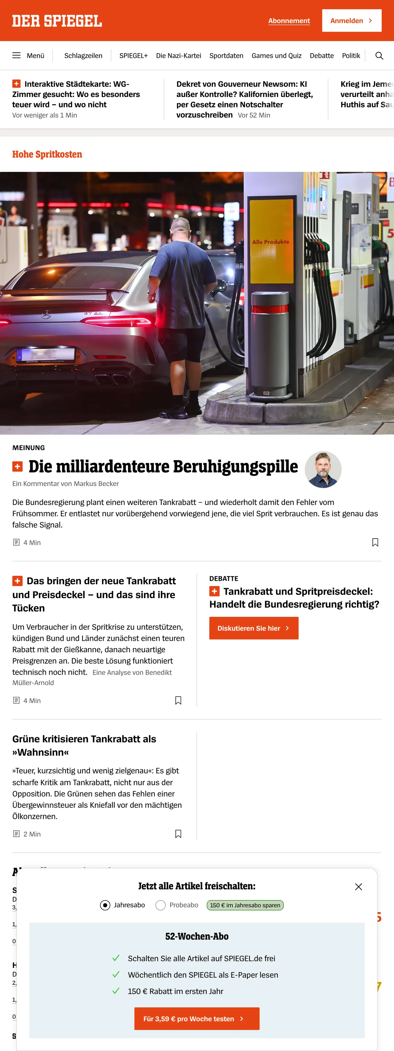 Screenshot of the DER SPIEGEL front page