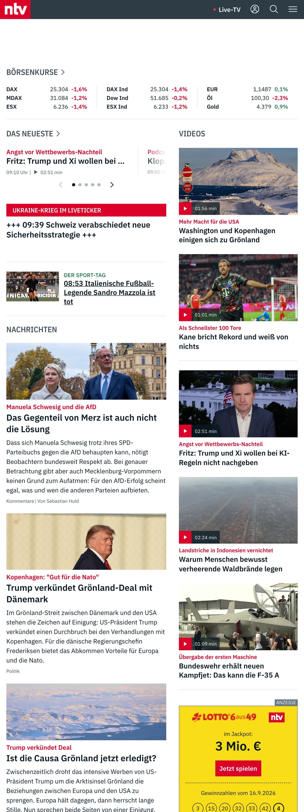 Screenshot of the n-tv front page