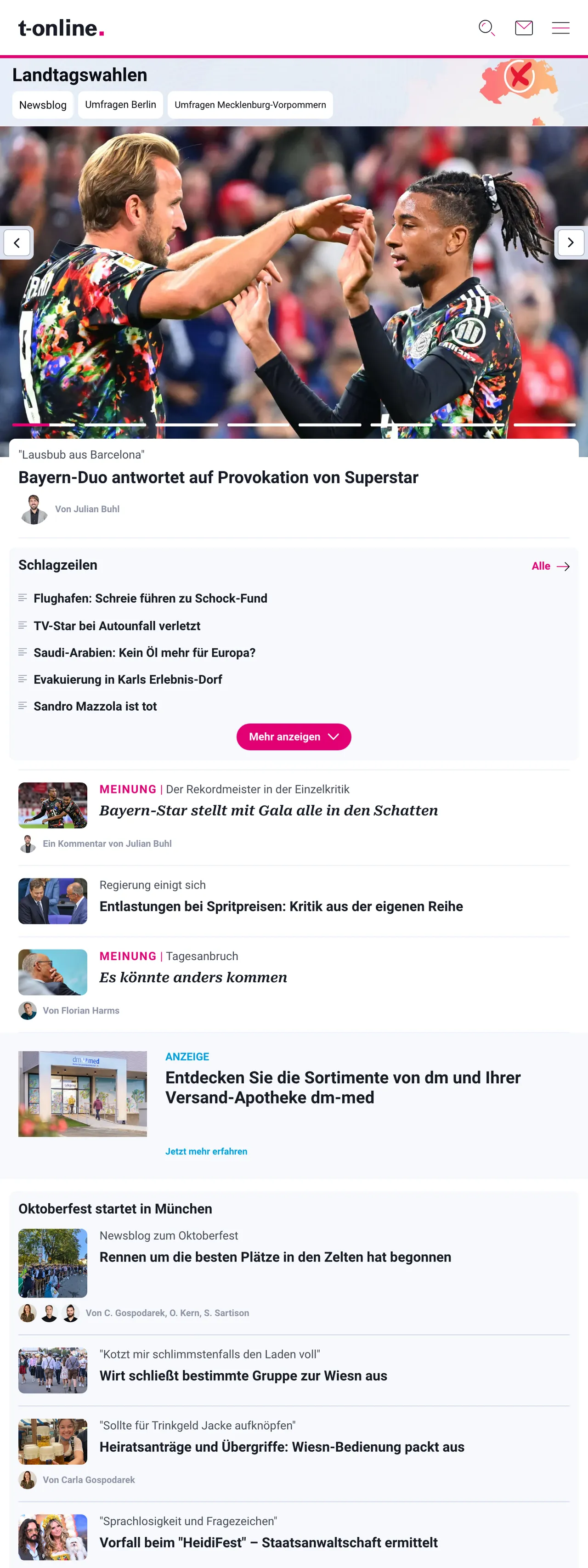 Screenshot of the t-online front page