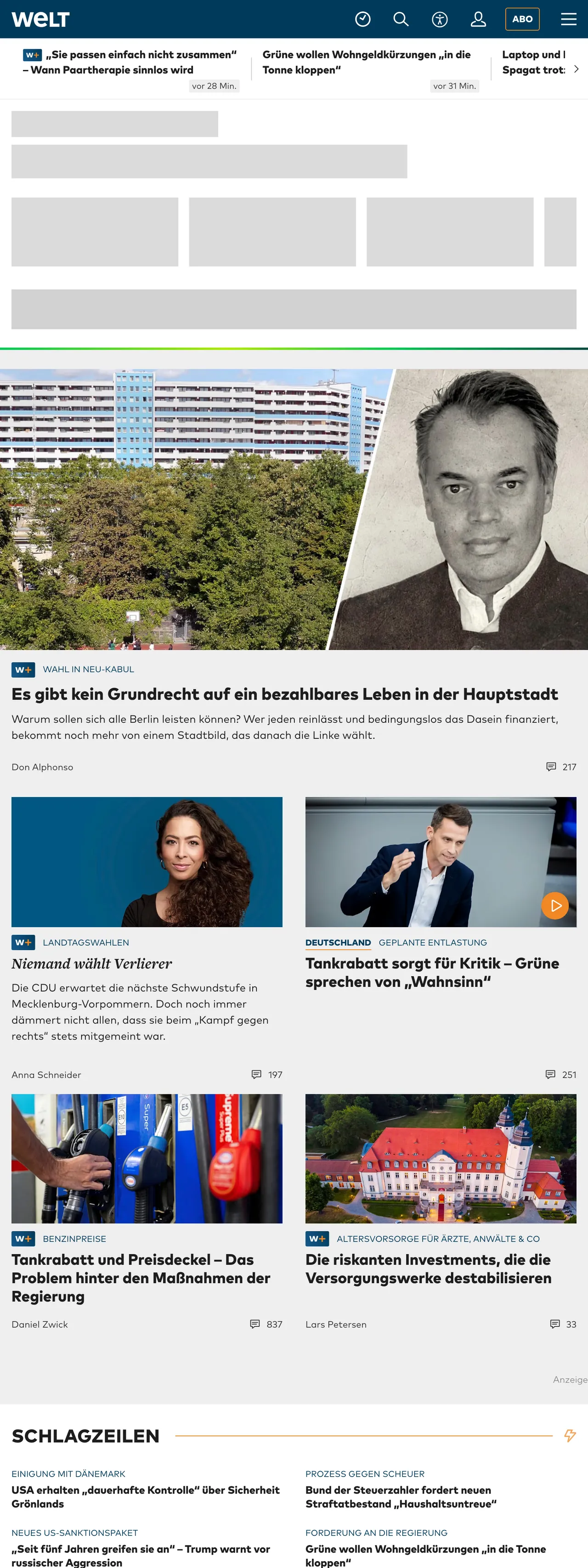Screenshot of the WELT front page