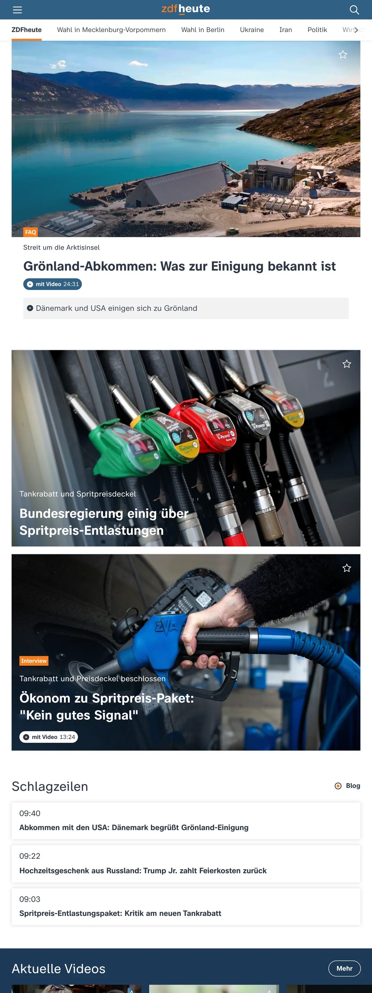 Screenshot of the ZDFheute front page