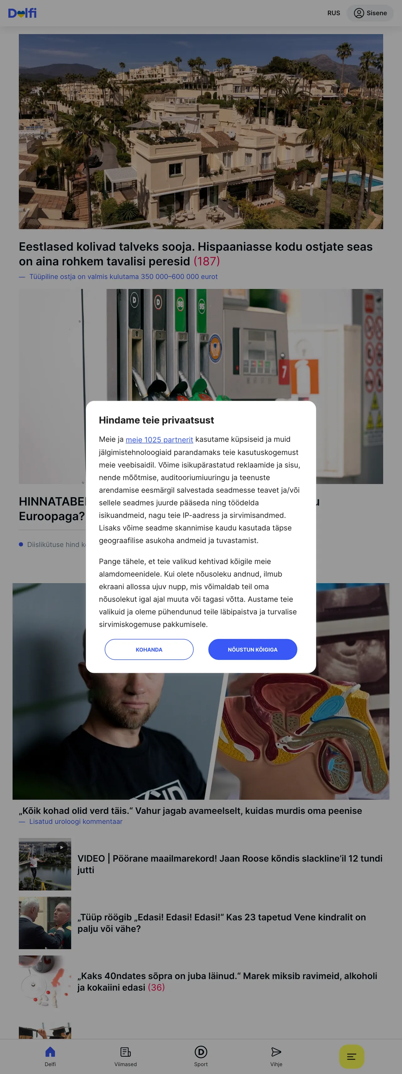 Screenshot of the Delfi front page