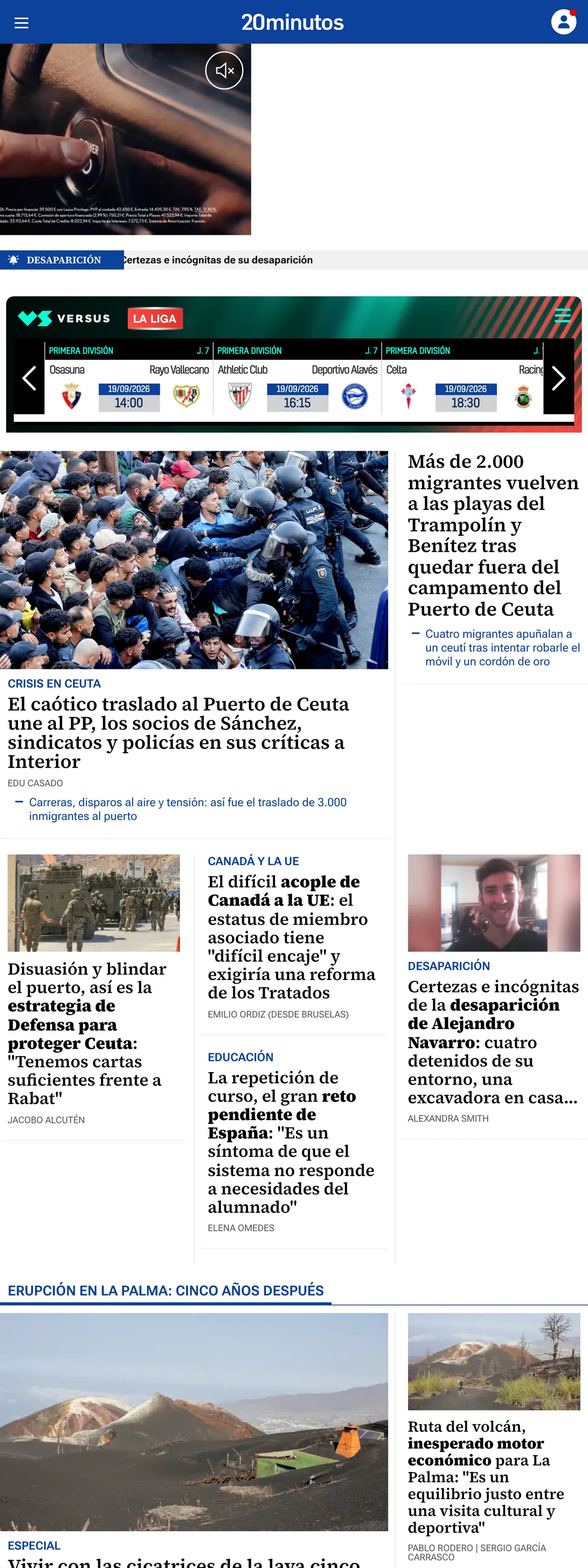 Screenshot of the 20minutos front page