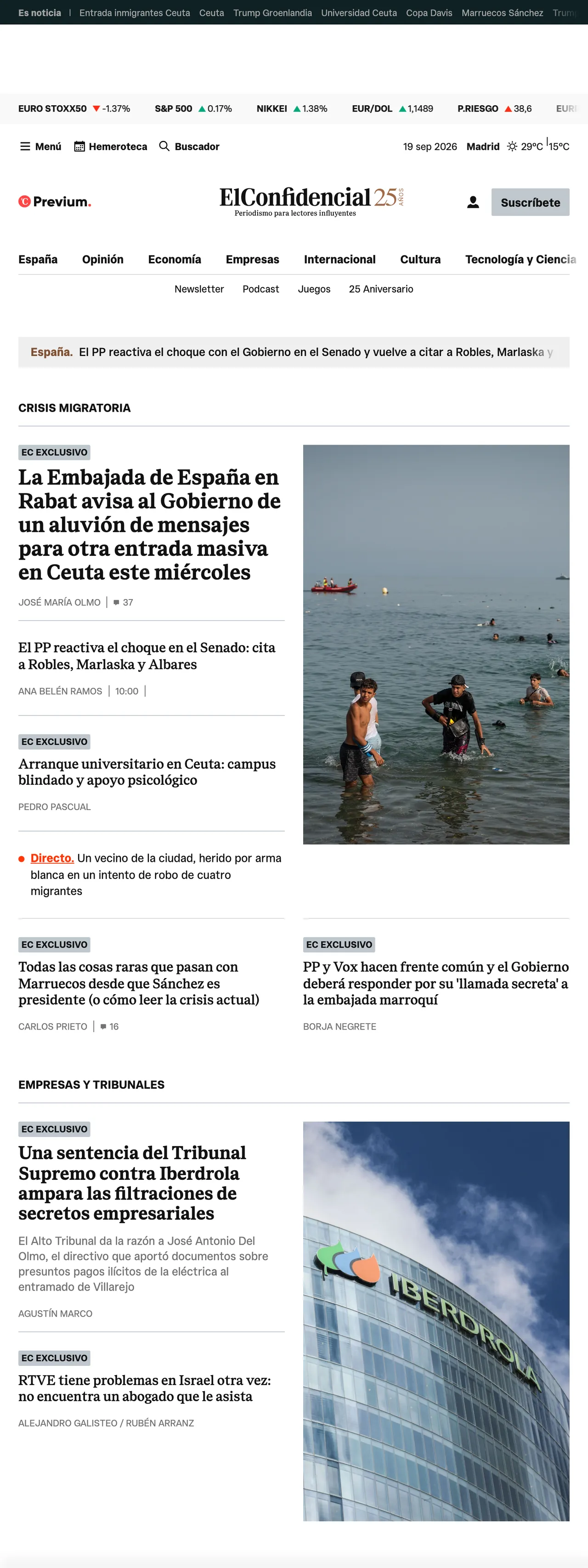 Screenshot of the El Confidencial front page