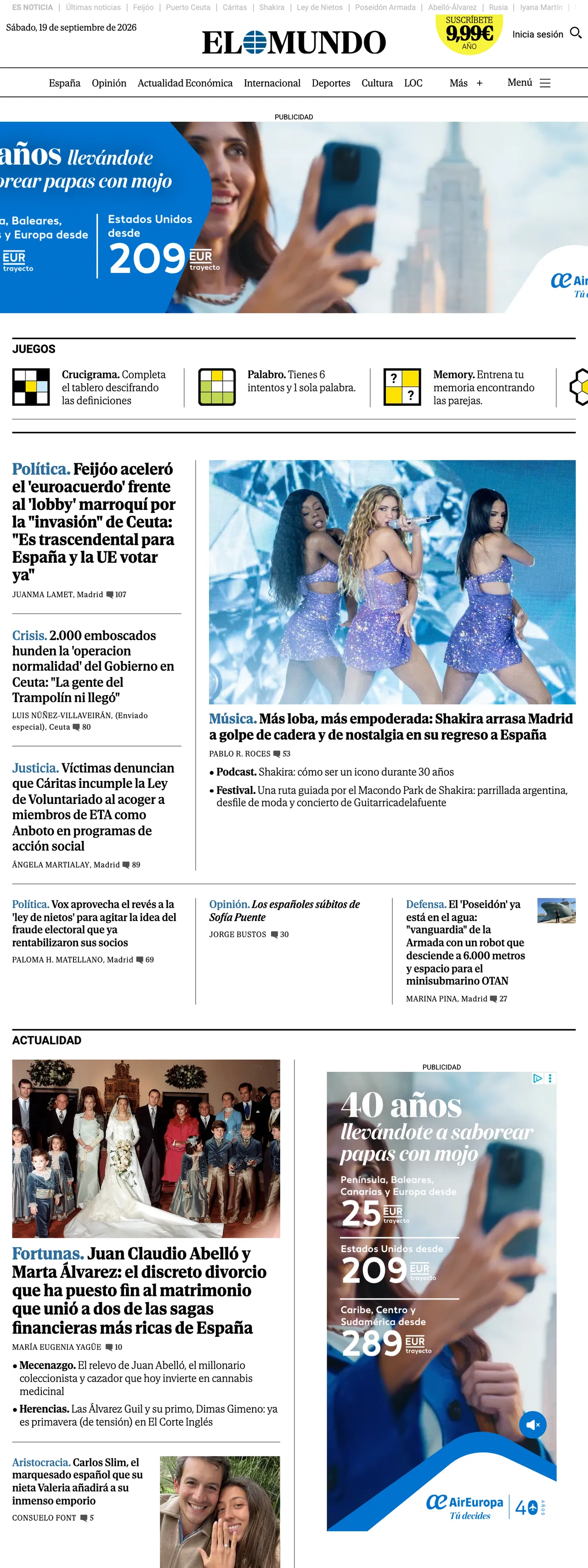 Screenshot of the El Mundo front page