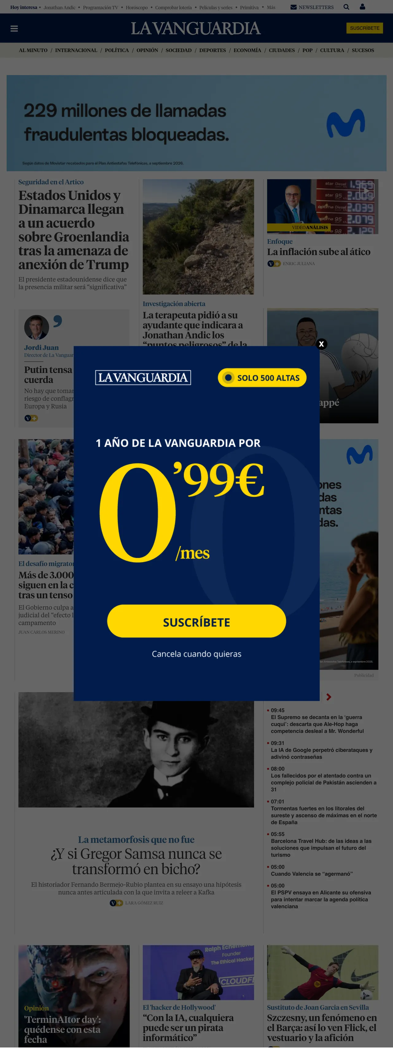 Screenshot of the La Vanguardia front page