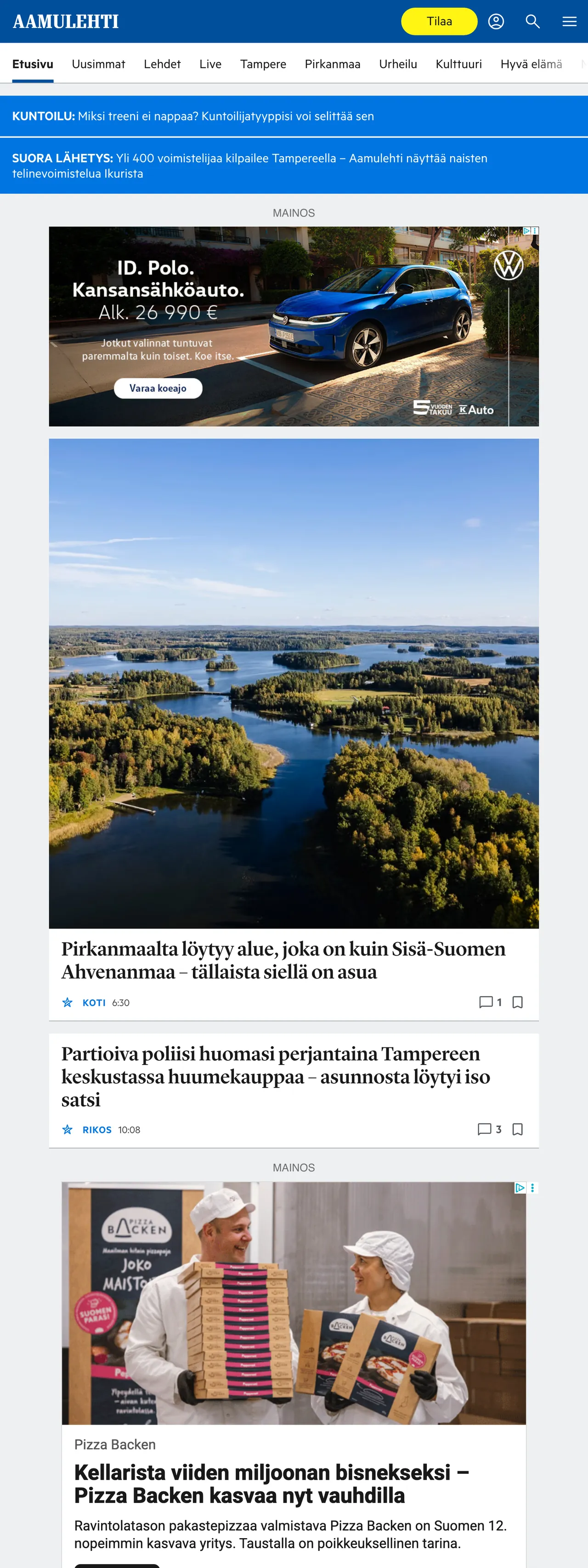 Screenshot of the Aamulehti front page