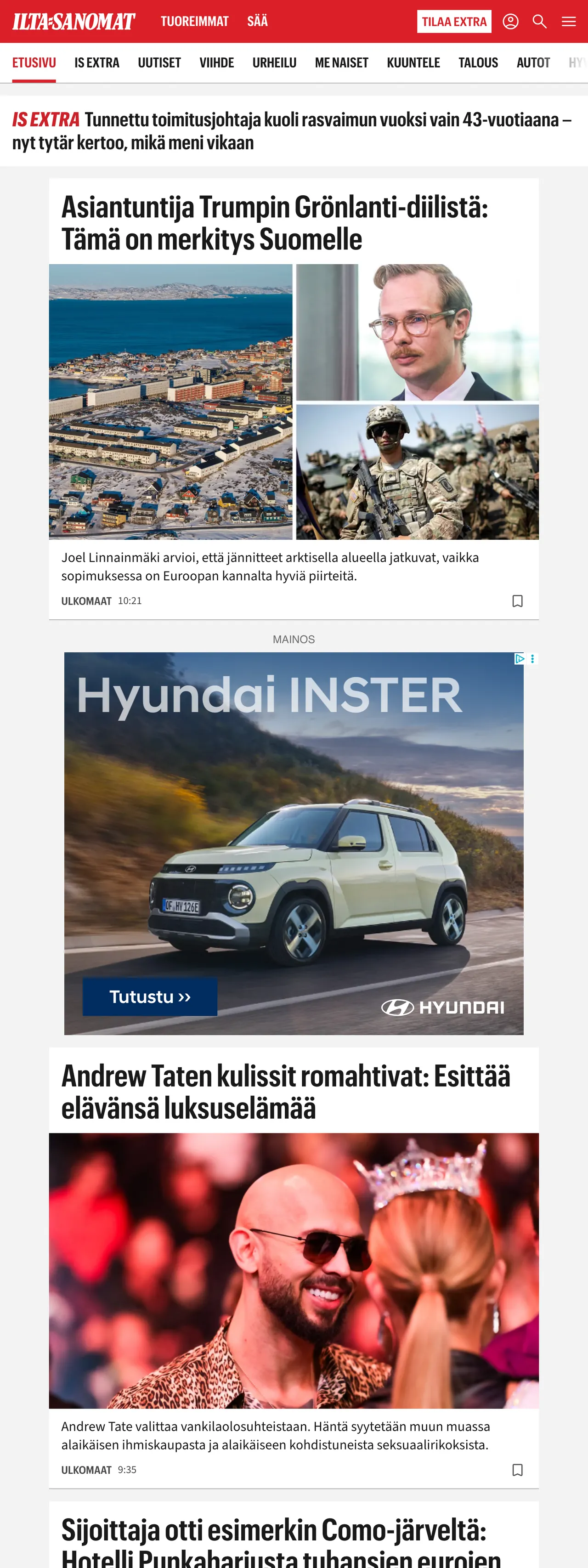 Screenshot of the Ilta-Sanomat front page