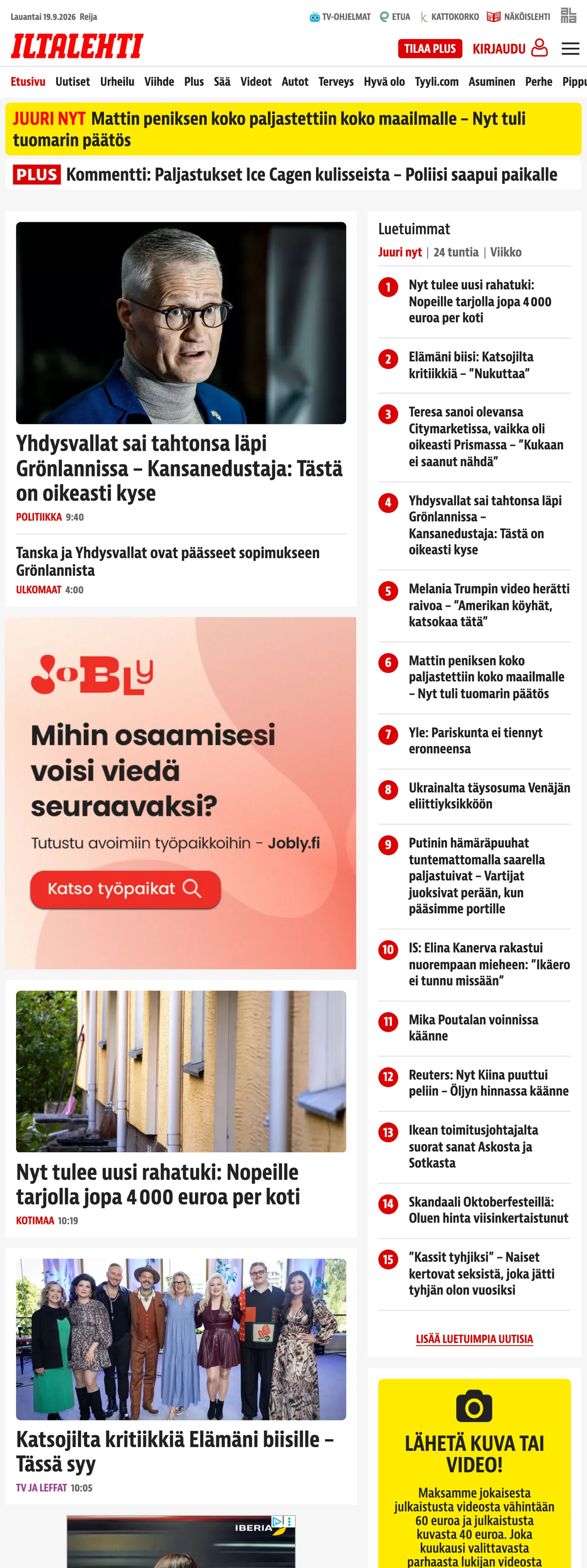 Screenshot of the Iltalehti front page