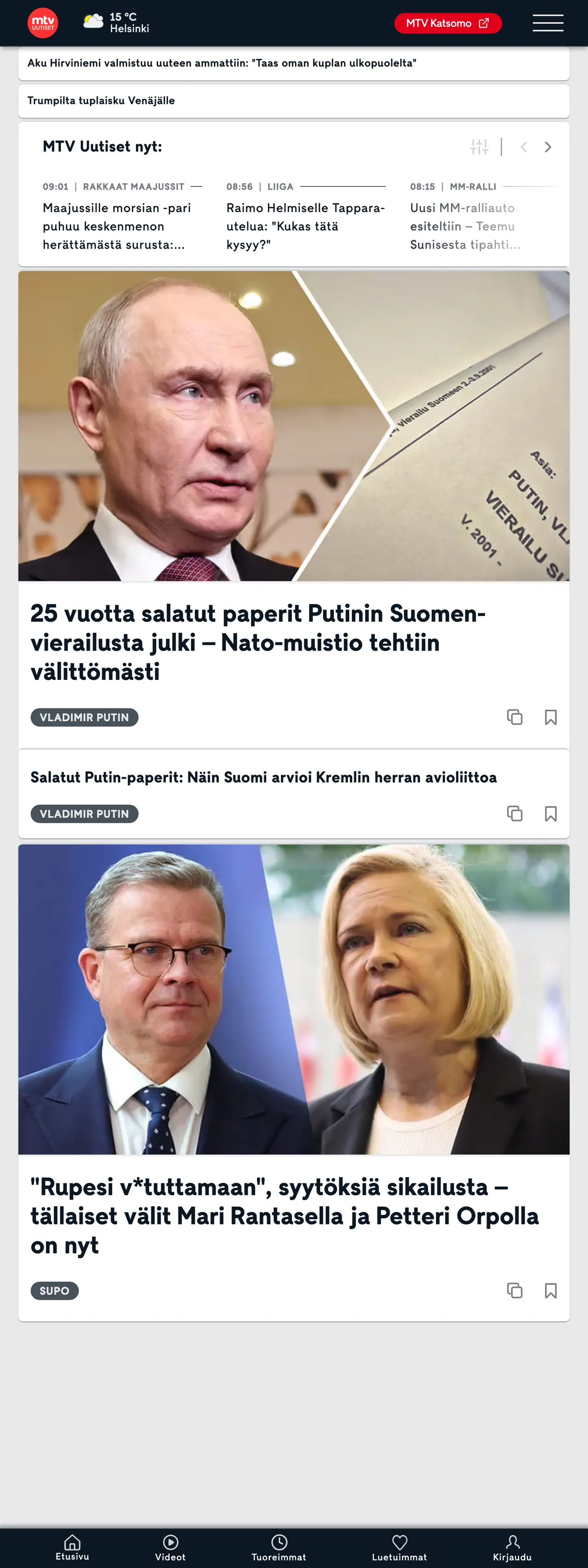 Screenshot of the MTV Uutiset front page