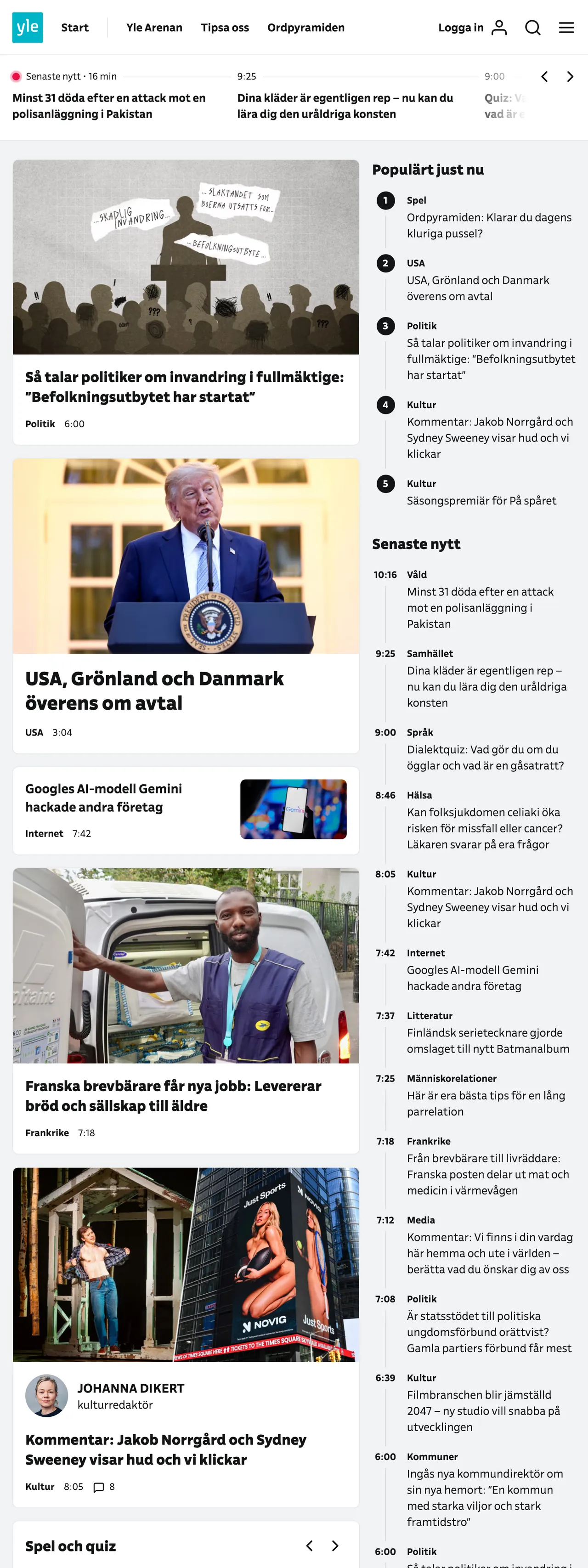 Screenshot of the Svenska Yle front page