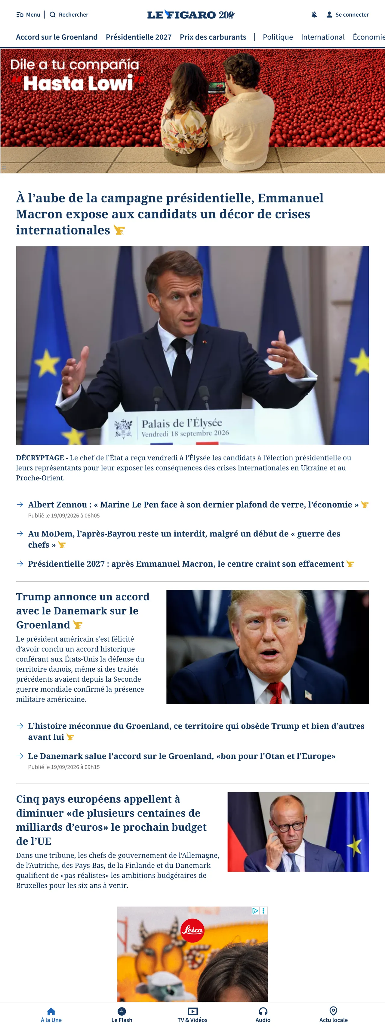 Screenshot of the Le Figaro front page