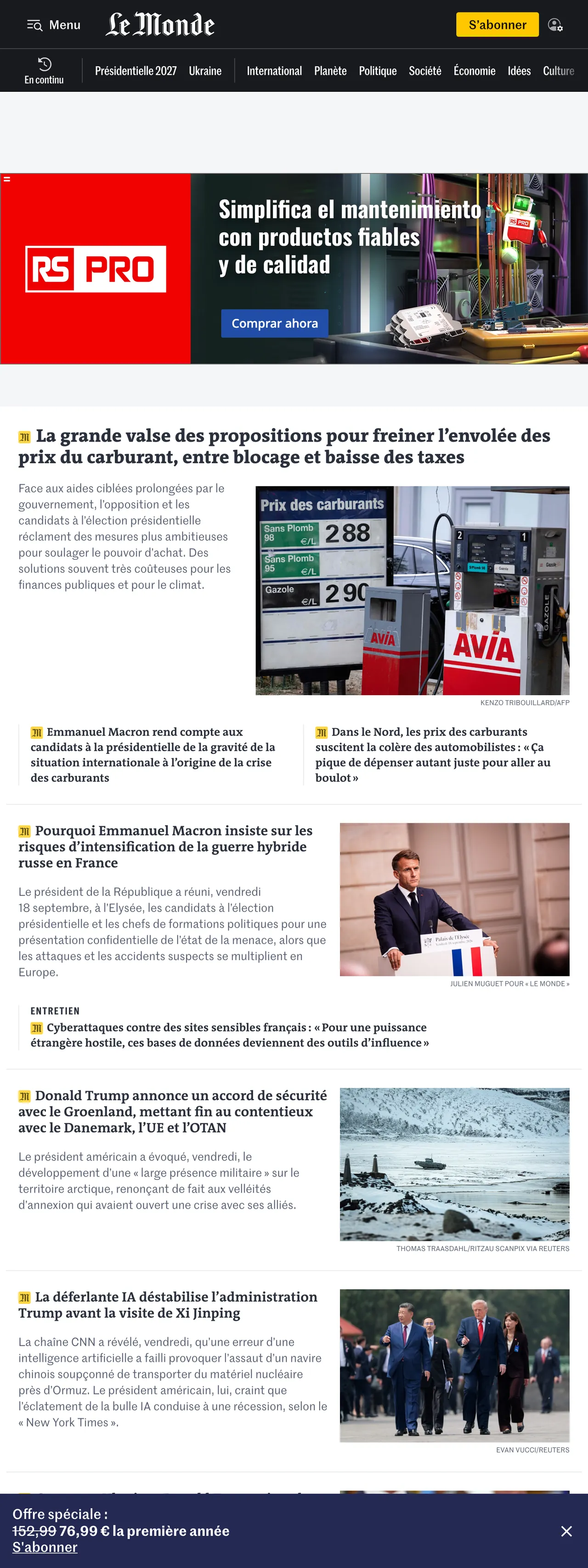 Screenshot of the Le Monde front page