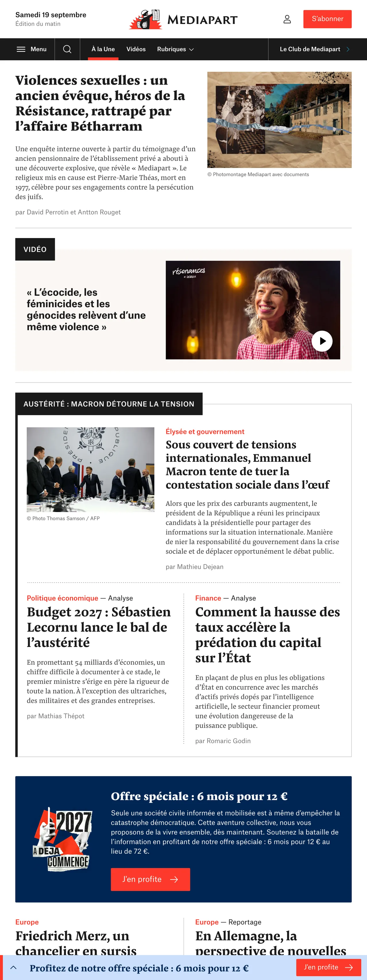 Screenshot of the Mediapart front page