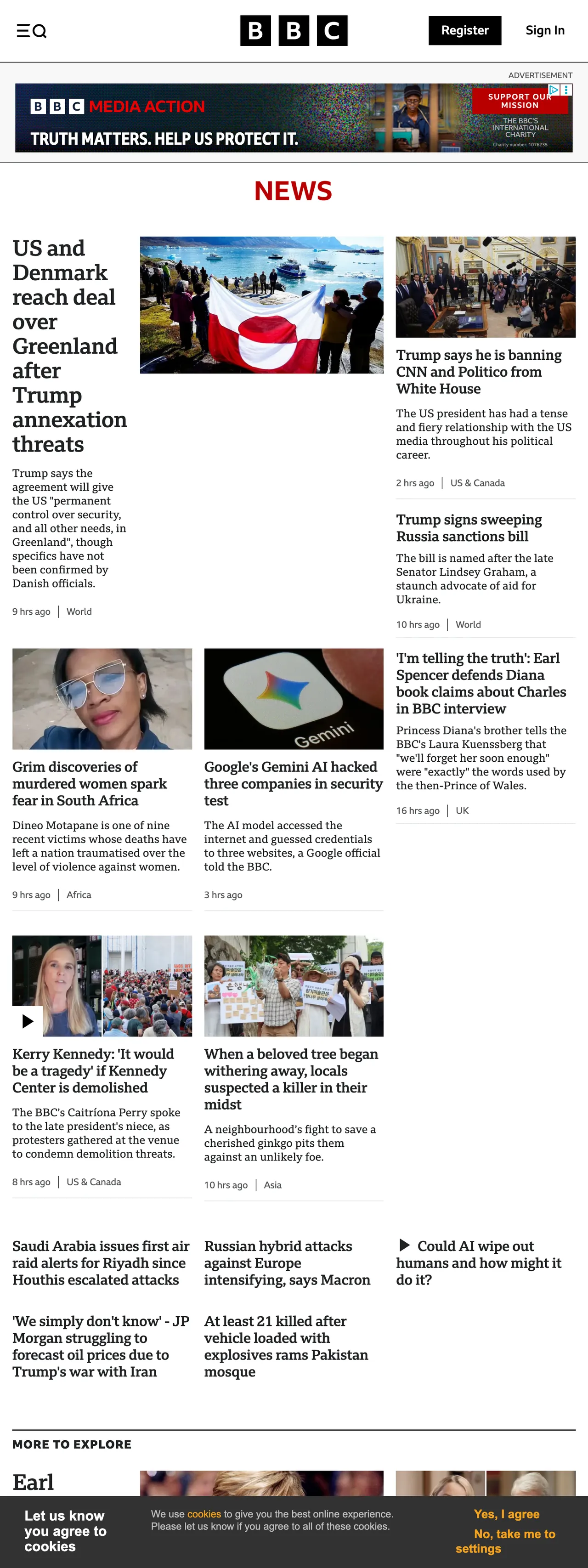 Screenshot of the BBC News front page