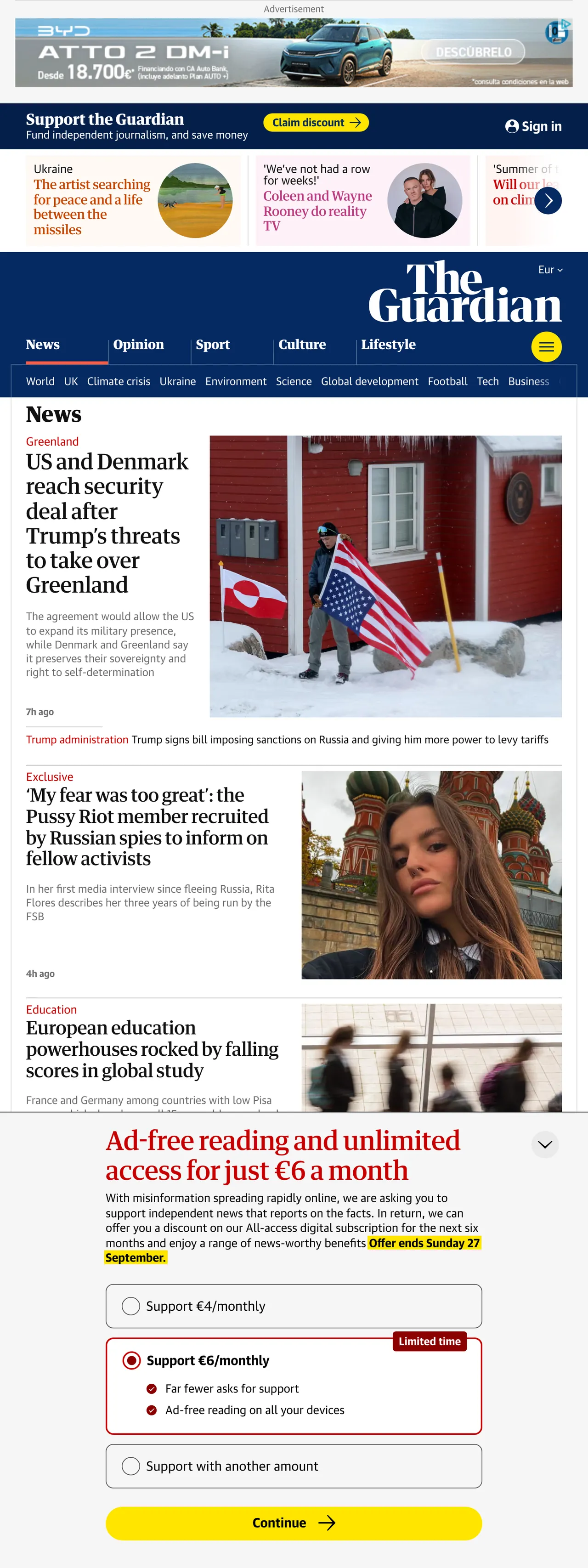 Screenshot of the The Guardian front page