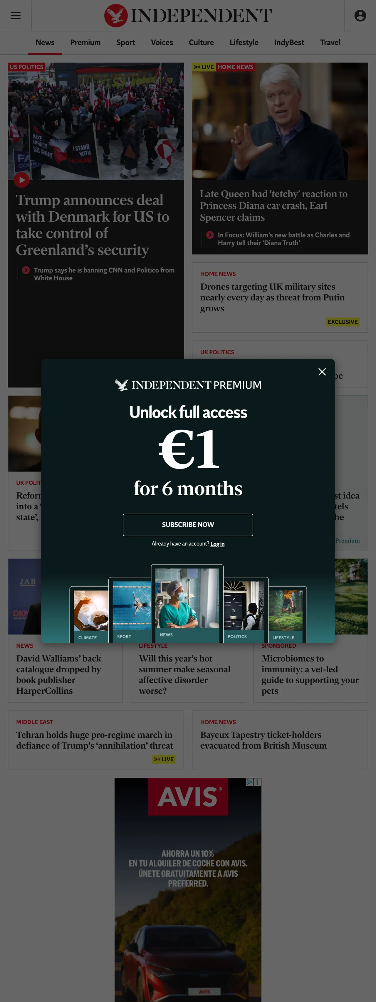 Screenshot of the The Independent front page