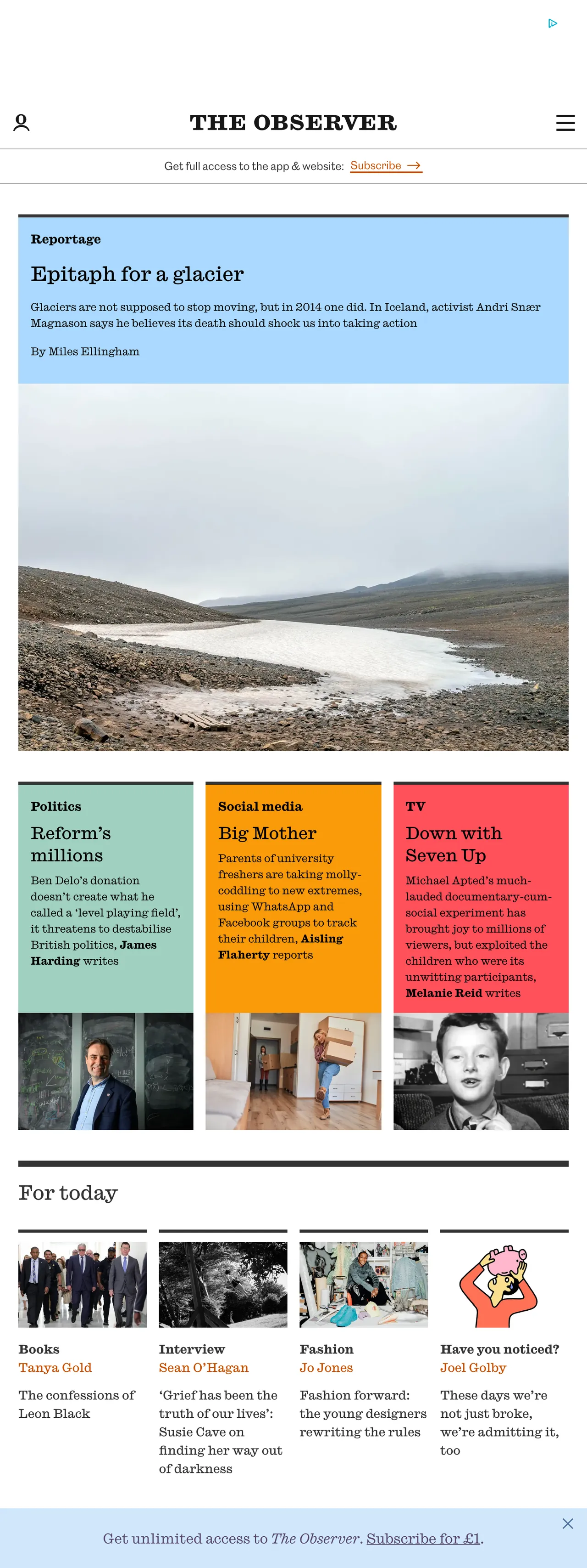 Screenshot of the The Observer front page