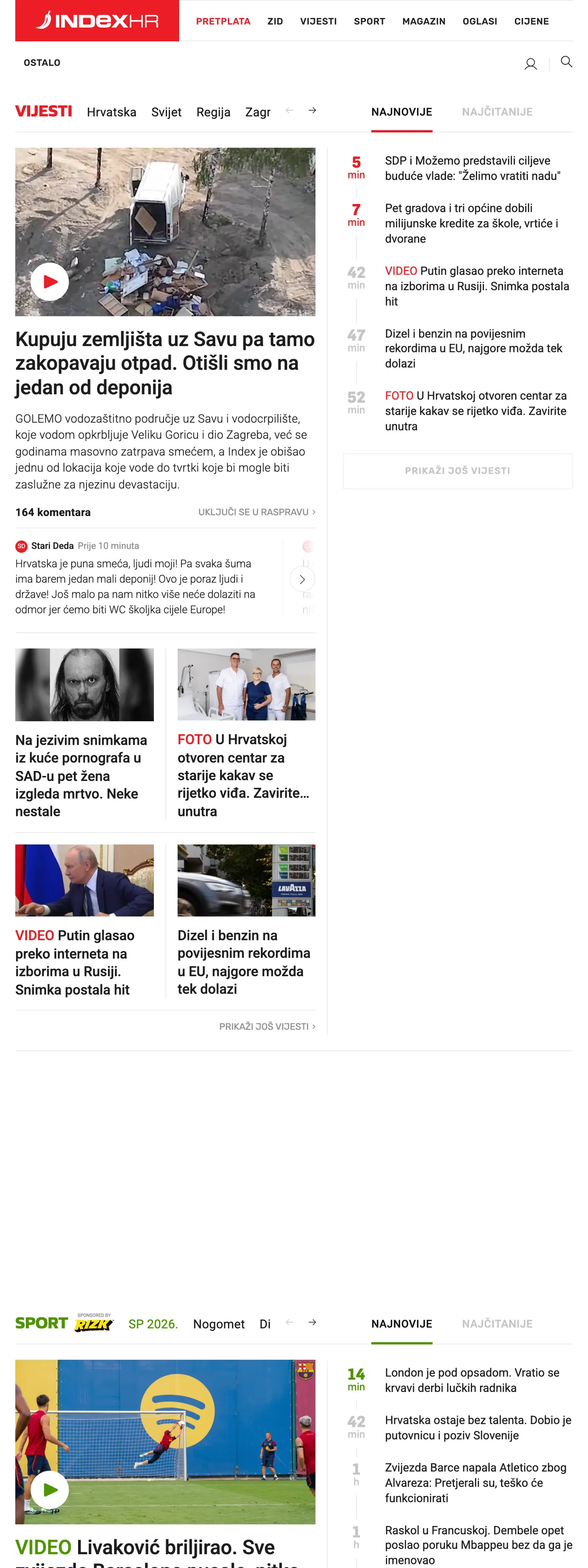 Screenshot of the Index.hr front page
