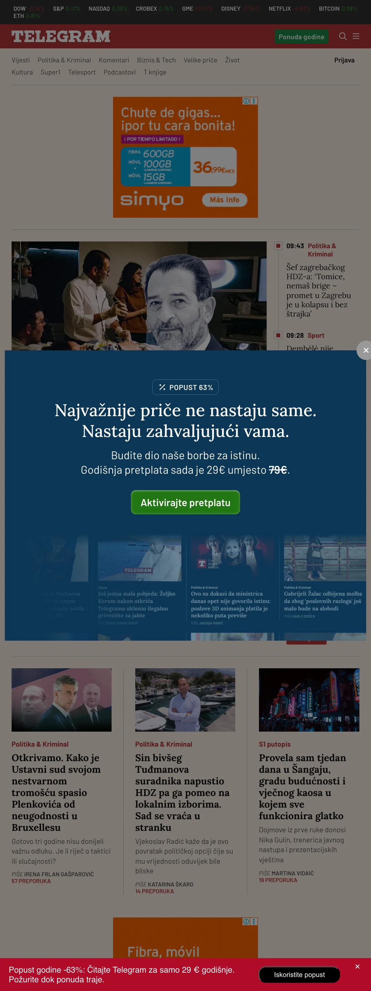 Screenshot of the Telegram.hr front page