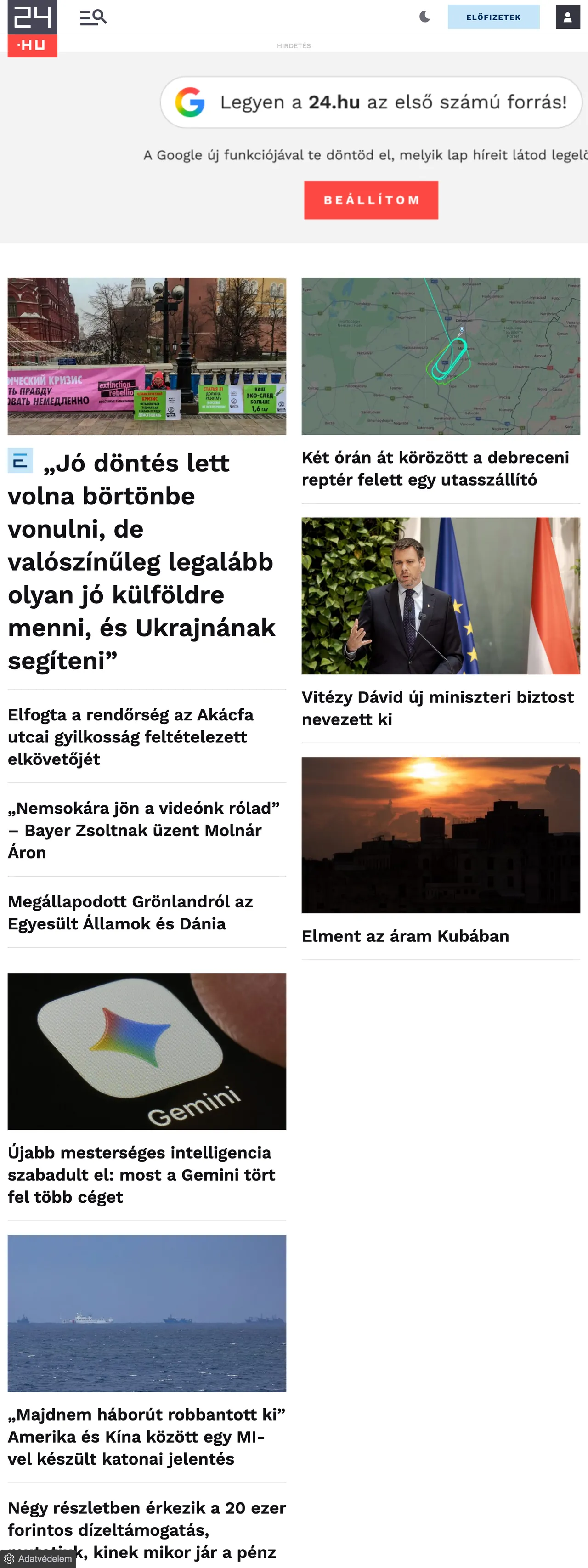 Screenshot of the 24.hu front page