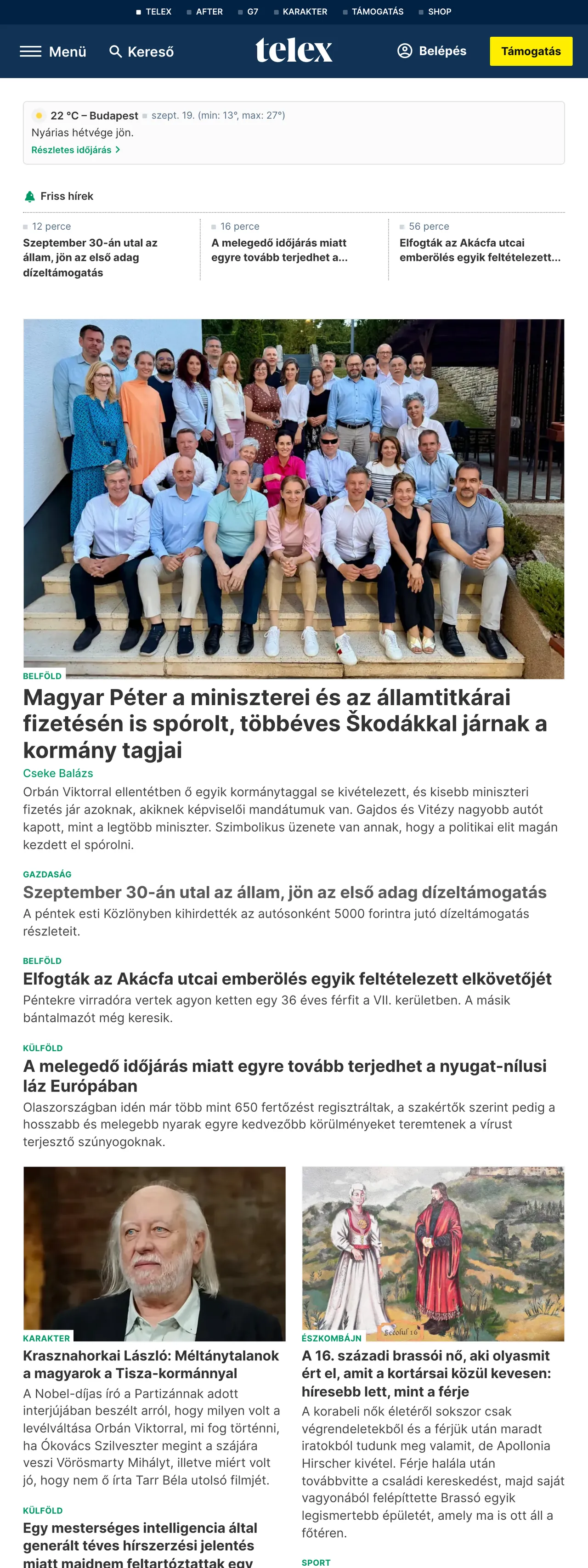Screenshot of the Telex front page